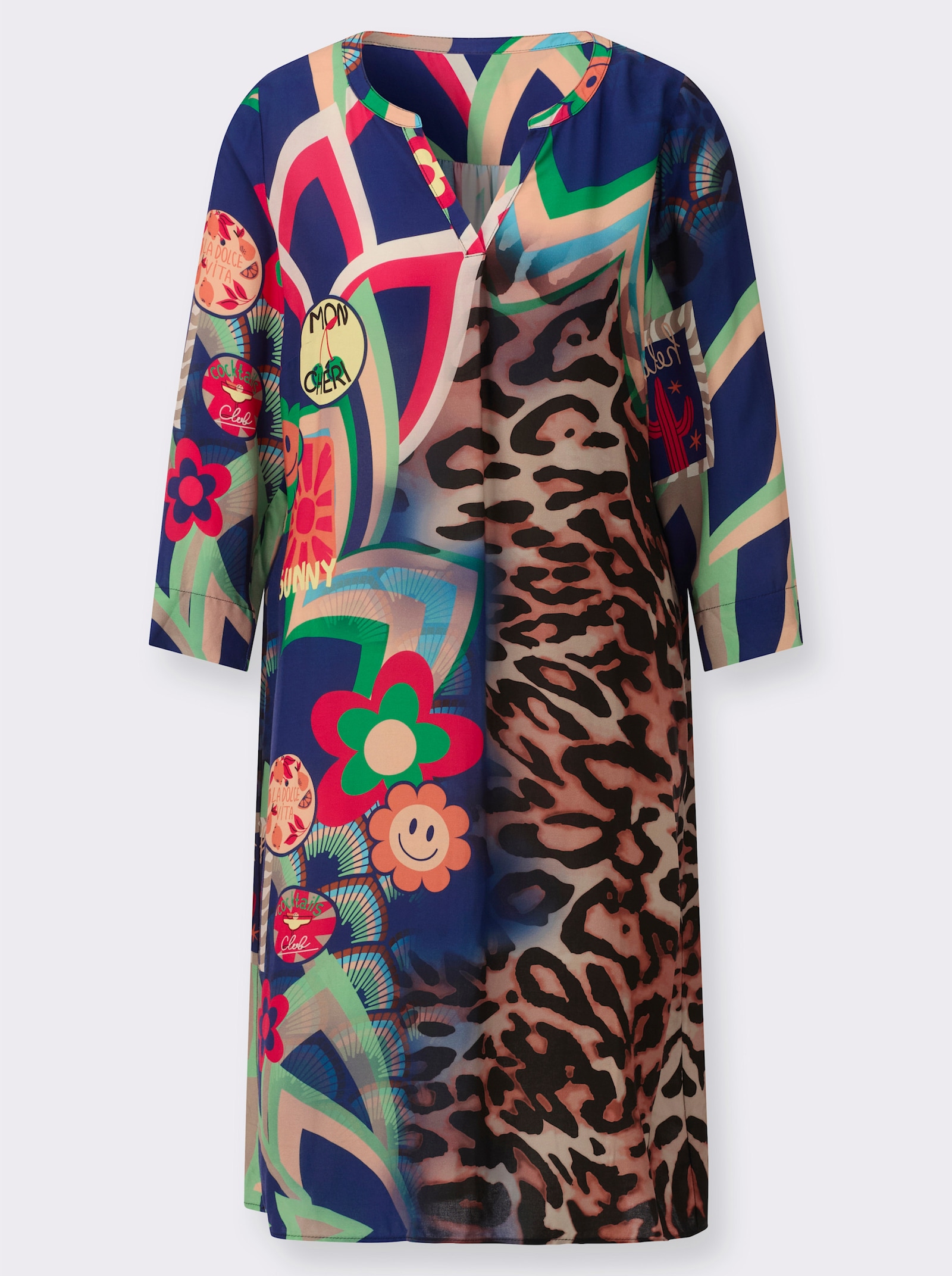 Tunikakleid im Muster-Mix - grasgrün-royalblau-bedruckt