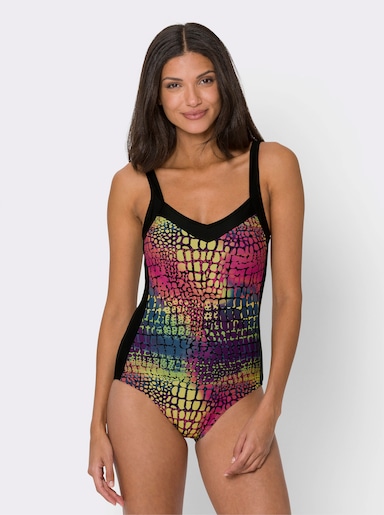 Badeanzug mit Raffung an den Softcups - schwarz-bedruckt