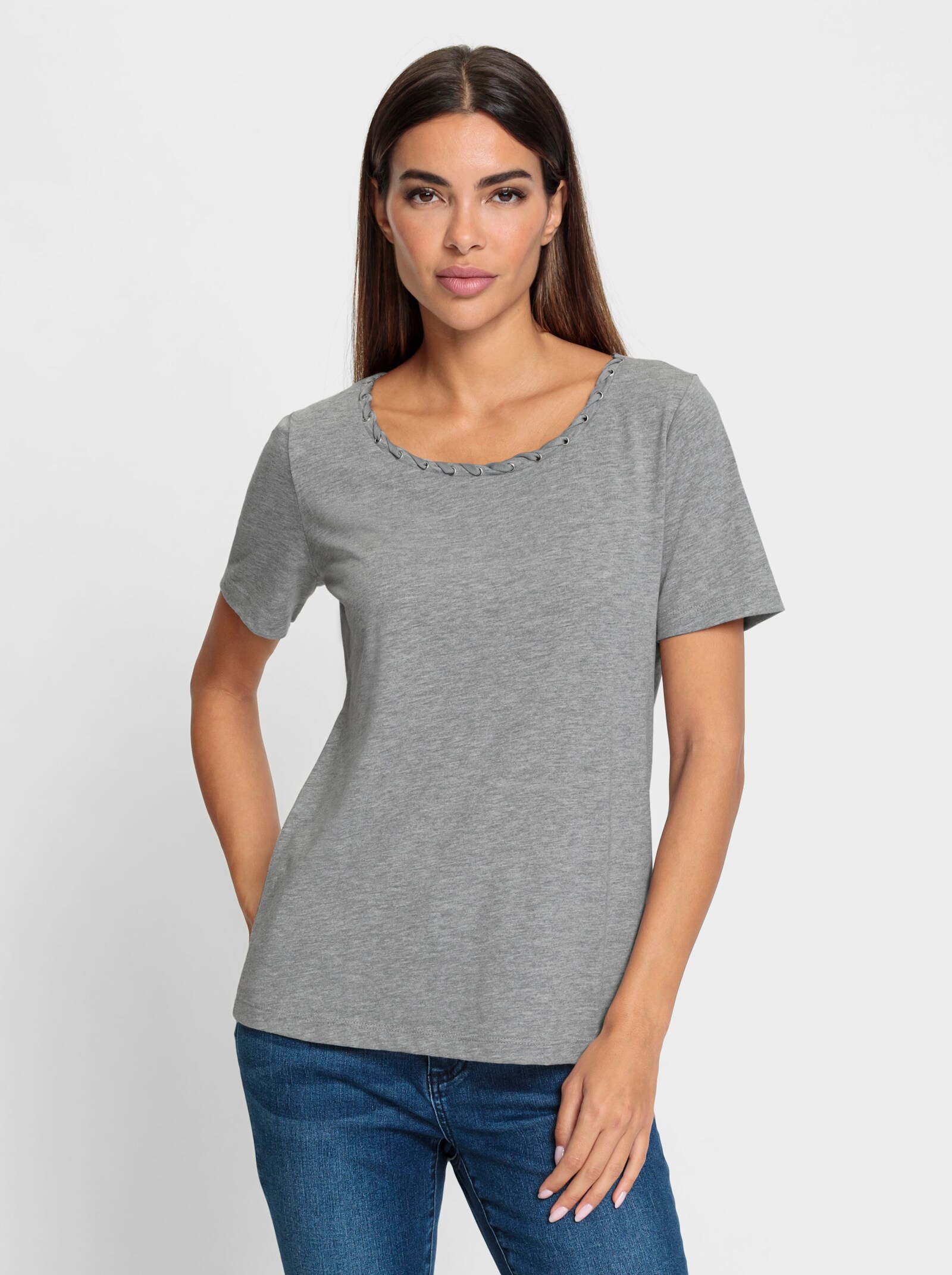 heine Rundhalsshirt mit Zierband - steingrau-meliert