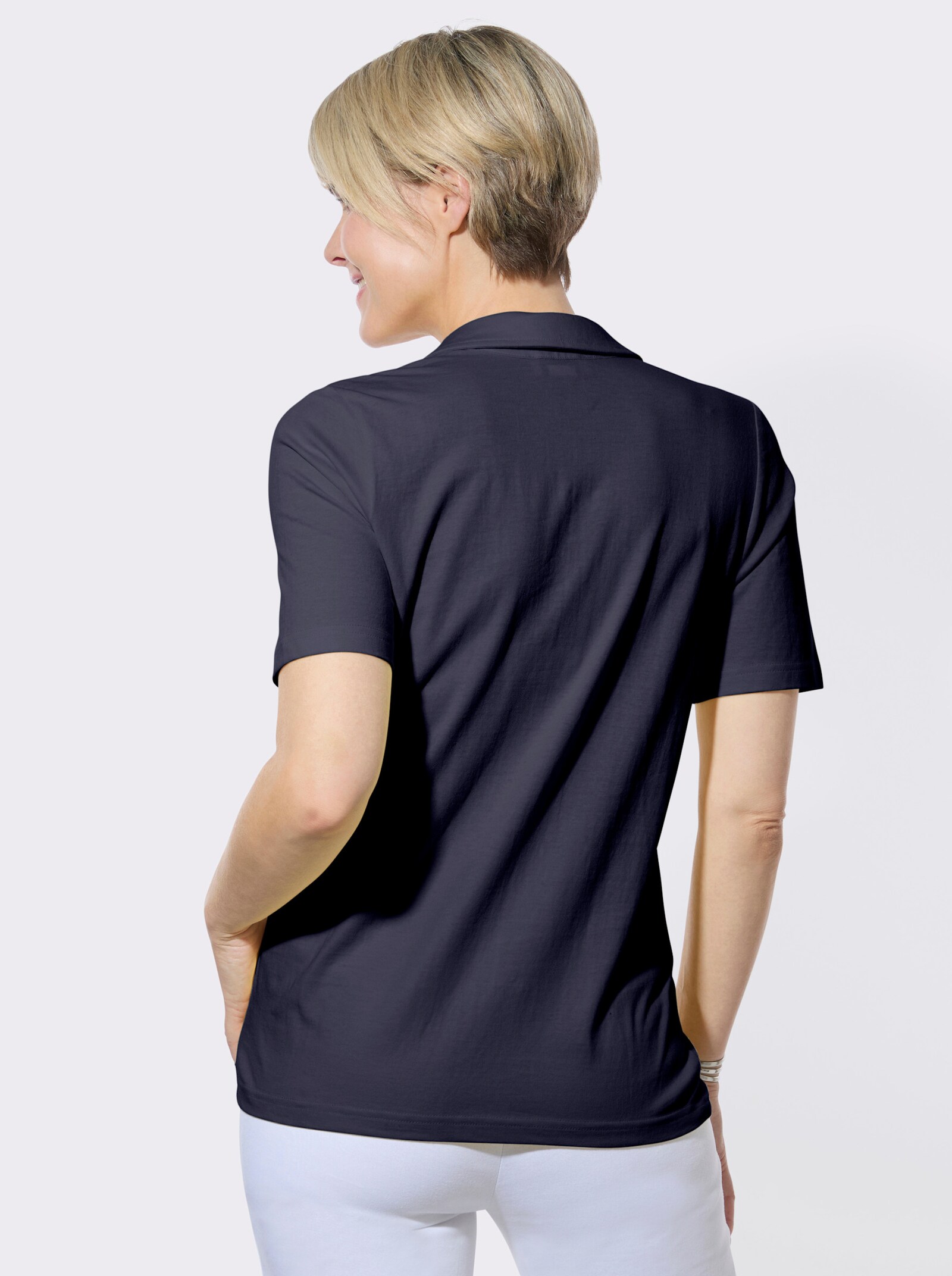 Poloshirt mit Rüschen und Nietenbesatz - marine