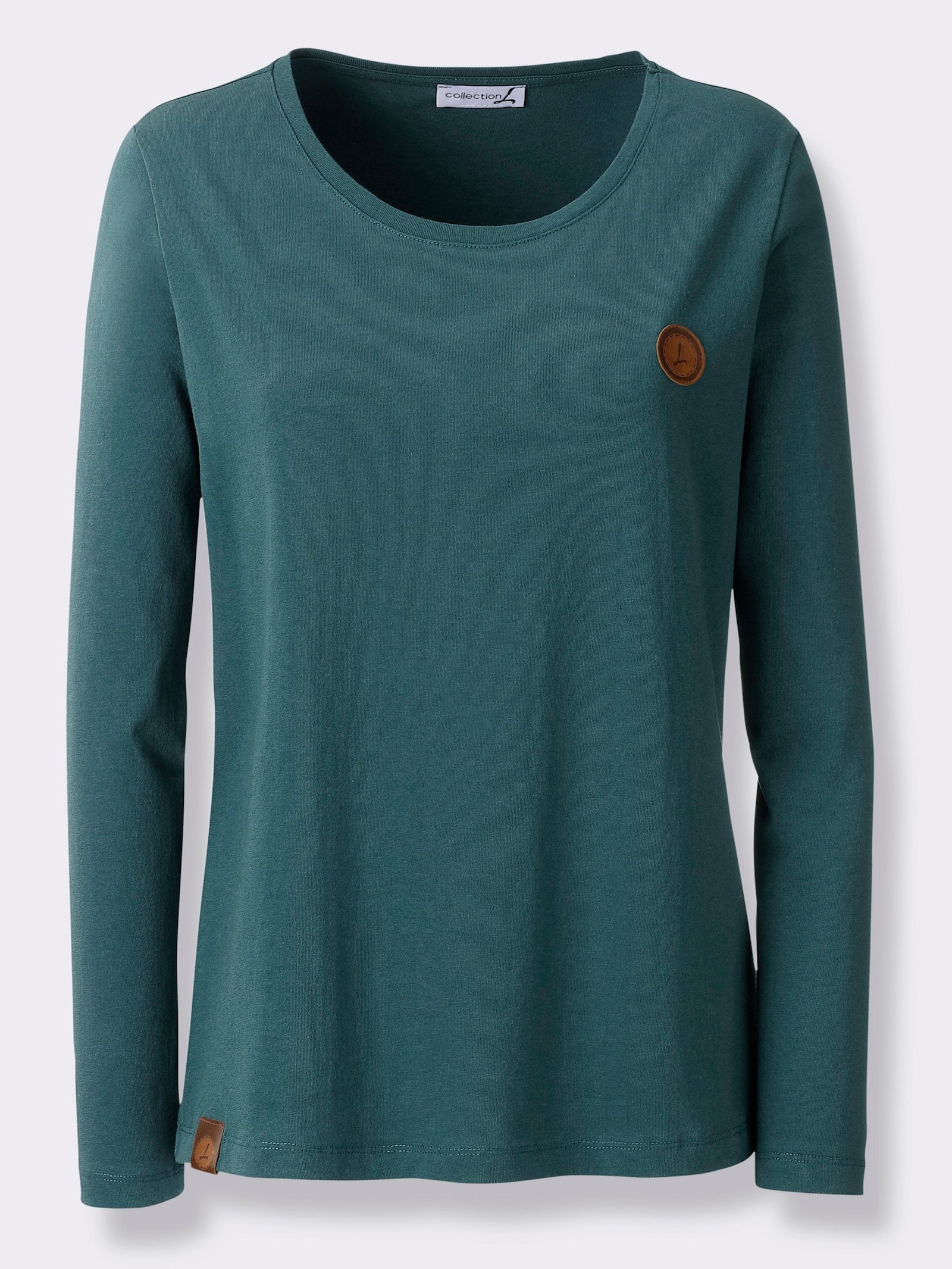 Tričko s dlouhým rukávem s nášivkou z imitace kůže - petrolejová