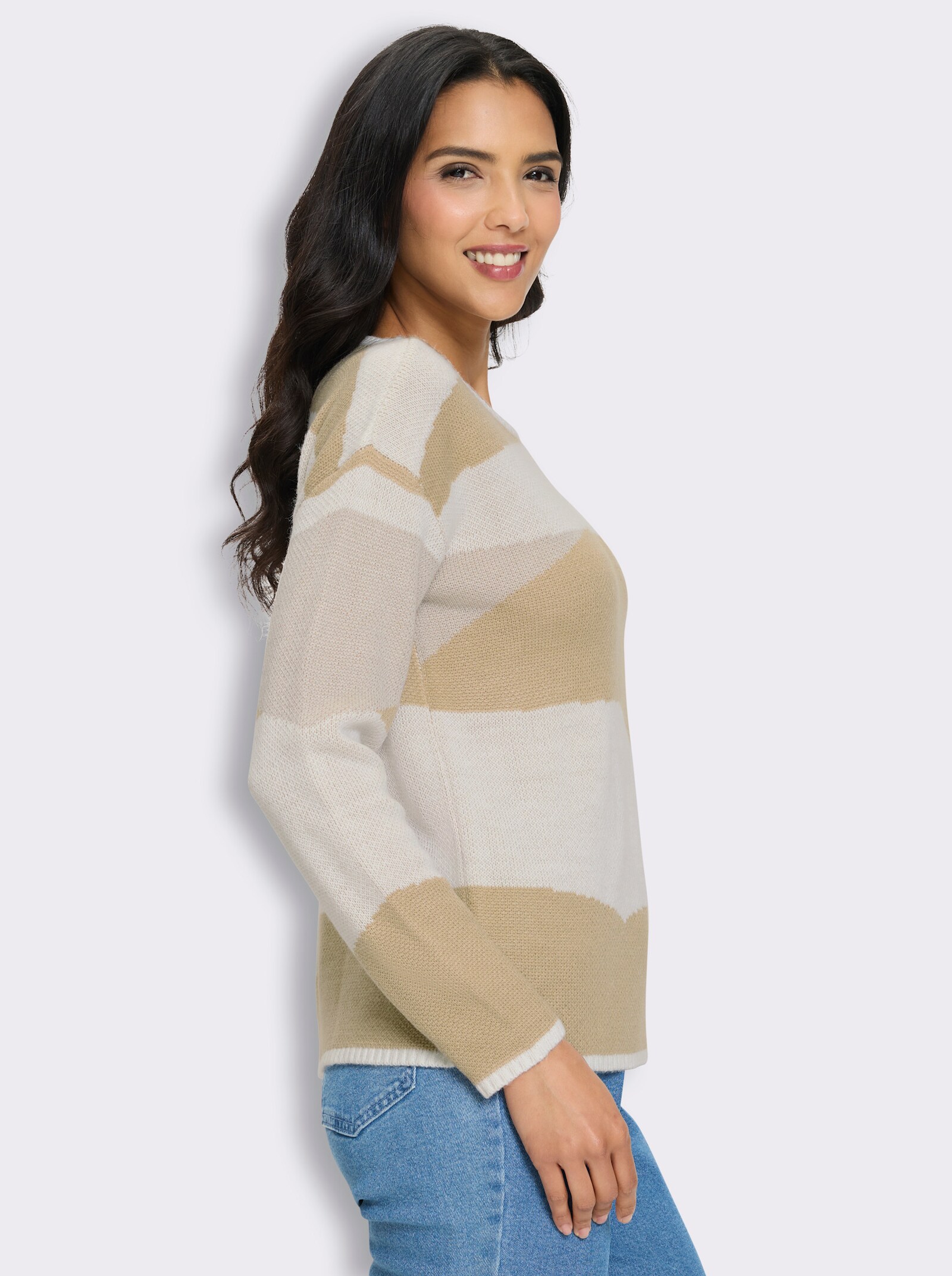 Langarm-Pullover aus Jacquard-Strick - hellgrau-beige-gemustert