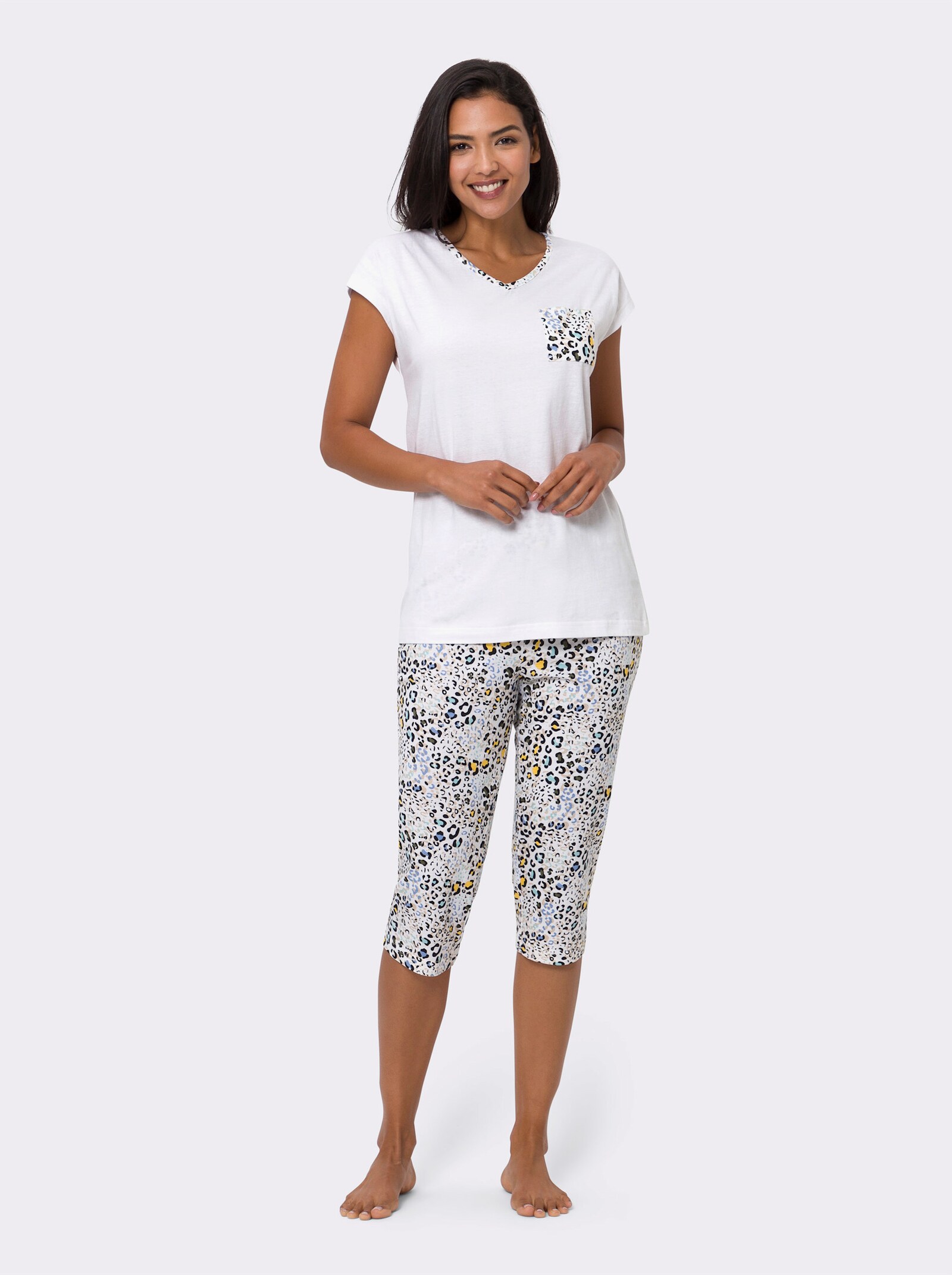 Capri-pyjama met borstzak - wit geprint