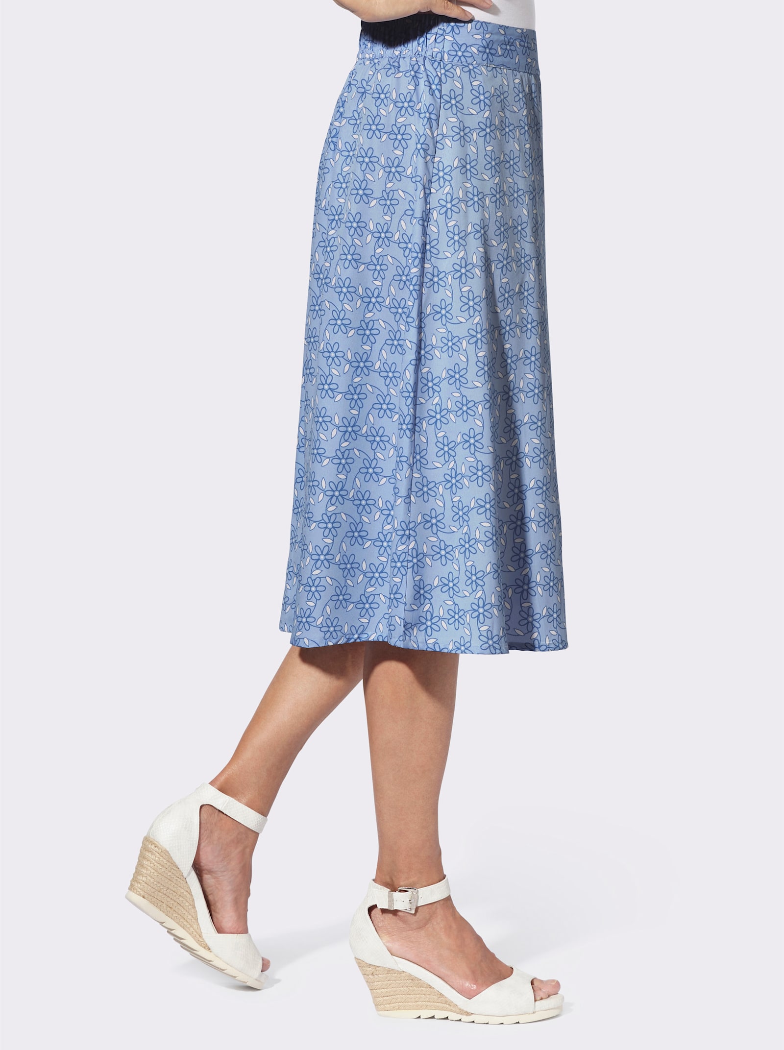 Schlupfrock in ausgestellter Form - mittelblau-ecru-bedruckt