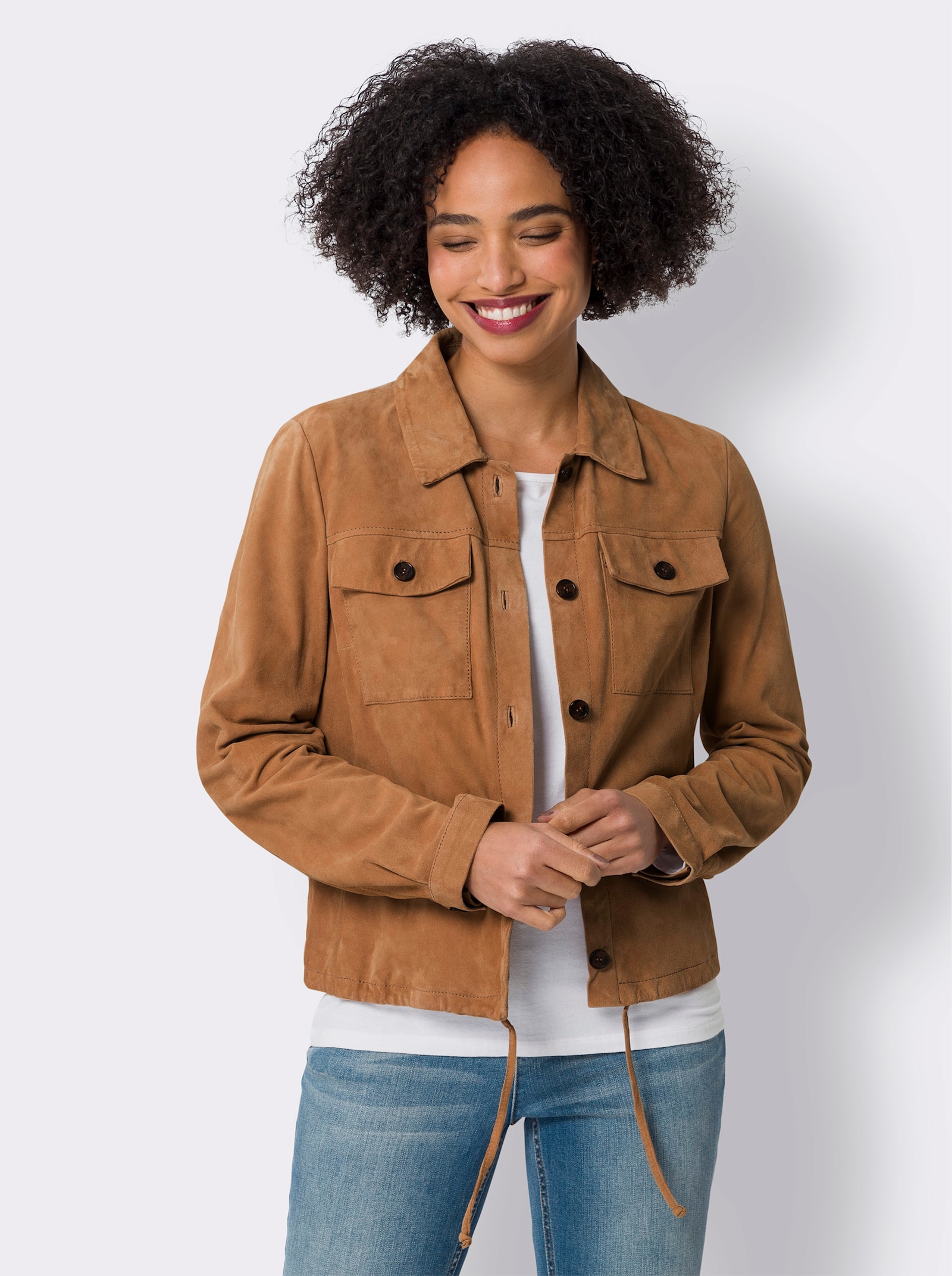 heine Lederjacke mit Tunnelzug am Saum - cognac