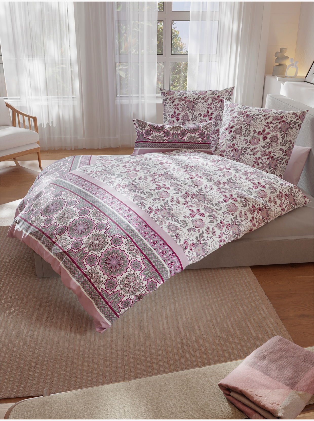 wäschepur Bettwäsche - weiß-rosé-bedruckt