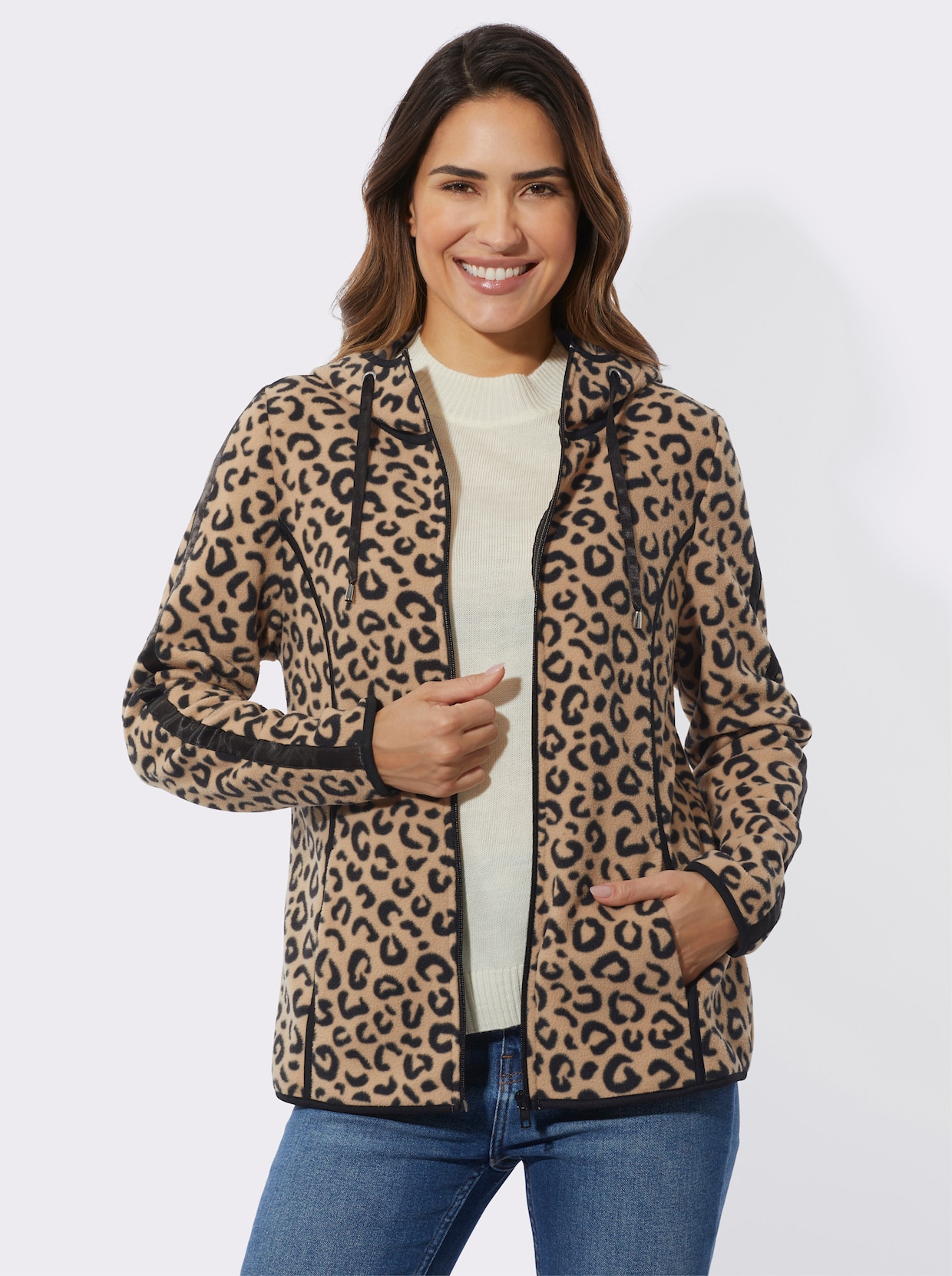 Fleecejacke - camel-schwarz-bedruckt