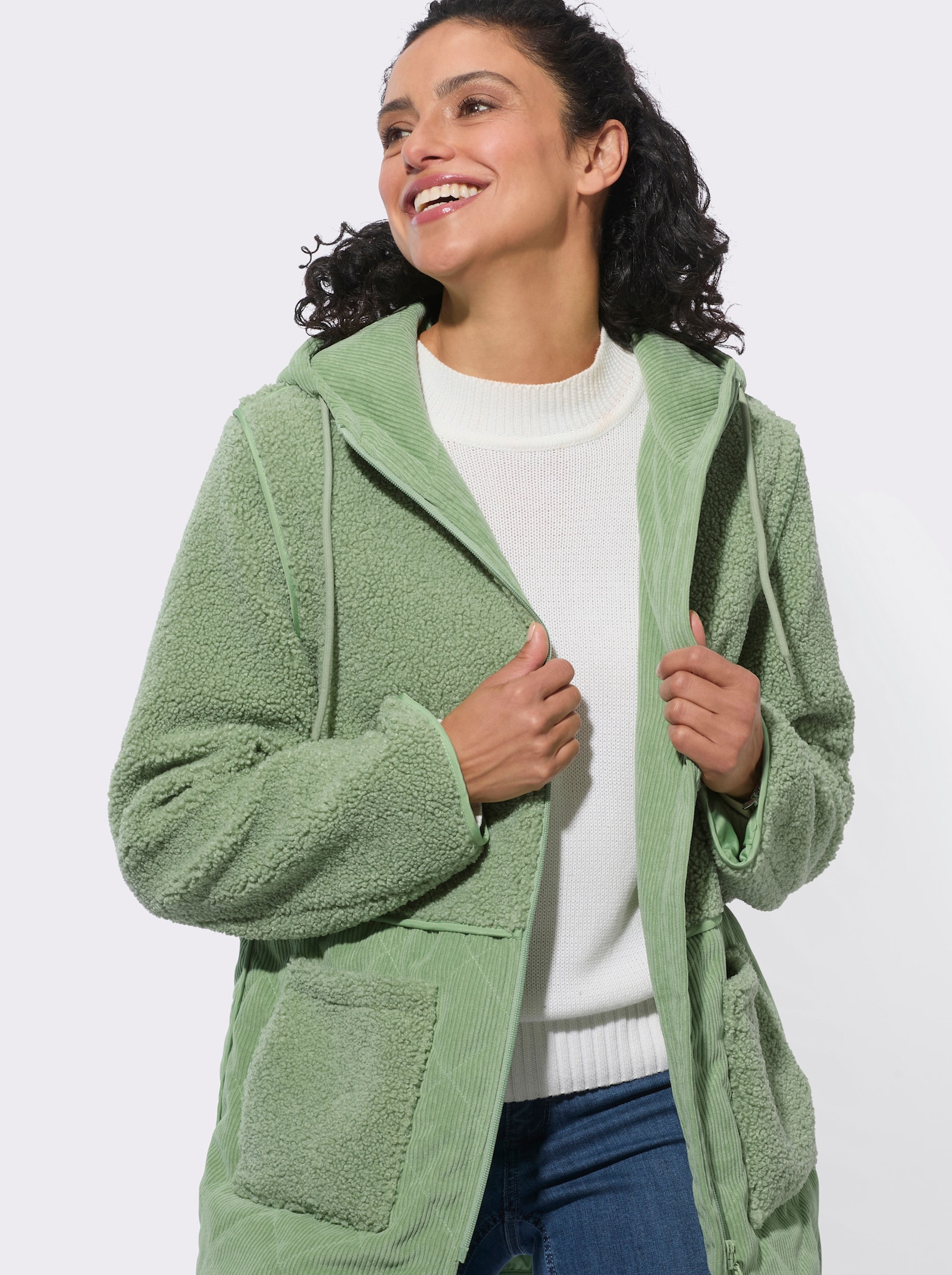  2-in-1-Jacke aus Teddyfleece und Cord - eucalyptus