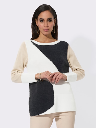 Langarm-Pullover mit Flauschgarn - schwarz-ecru-gemustert