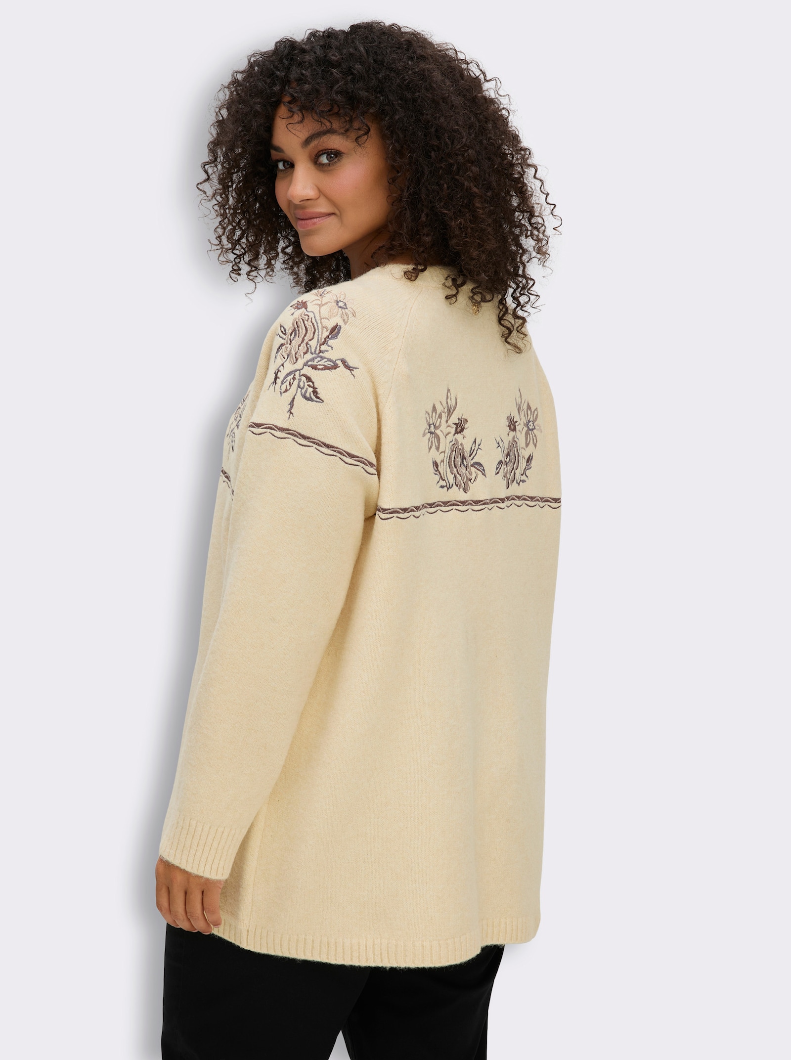 sheego Strickjacke mit floralem Intarsienmuster - elfenbein-braun-gemustert