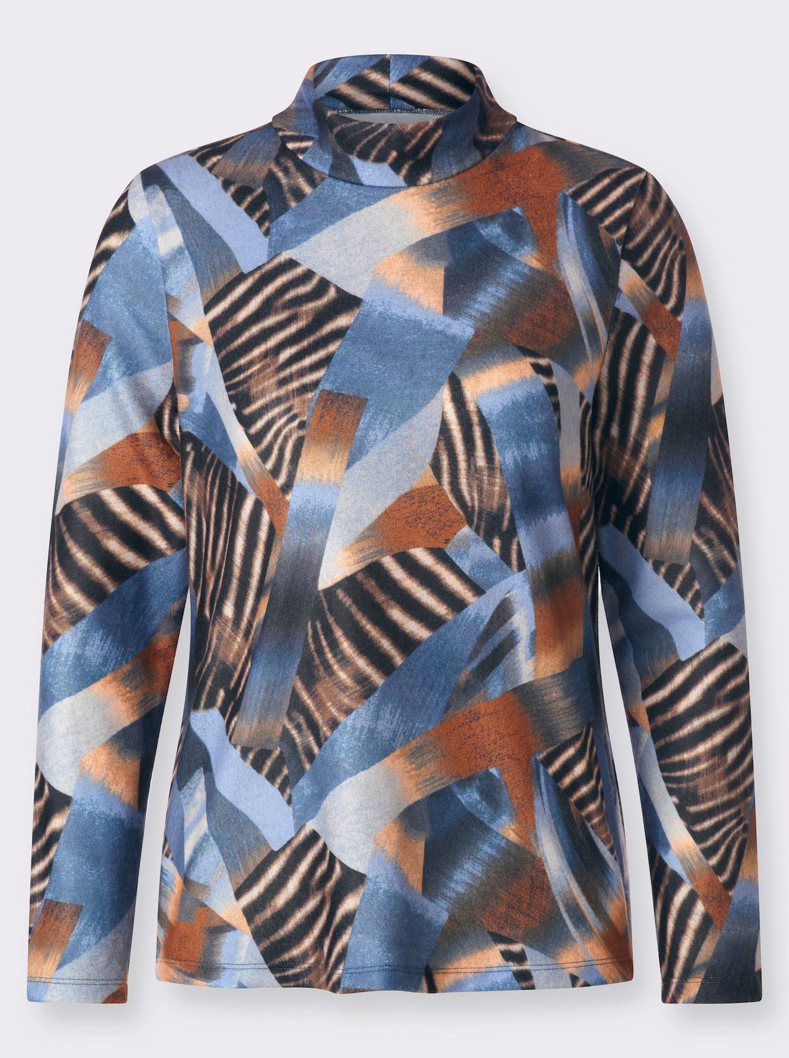 Shirt met opstaande kraag, in grafisch dessin - cognac/bleu bedrukt