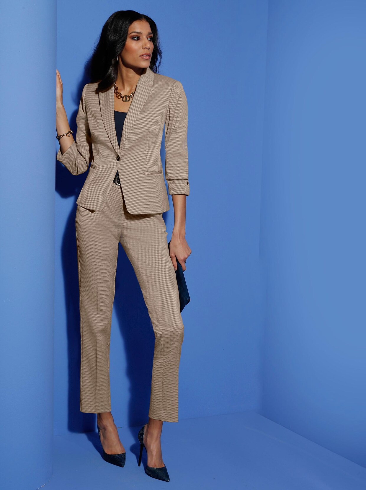 Blazer - beige-marine-bedruckt