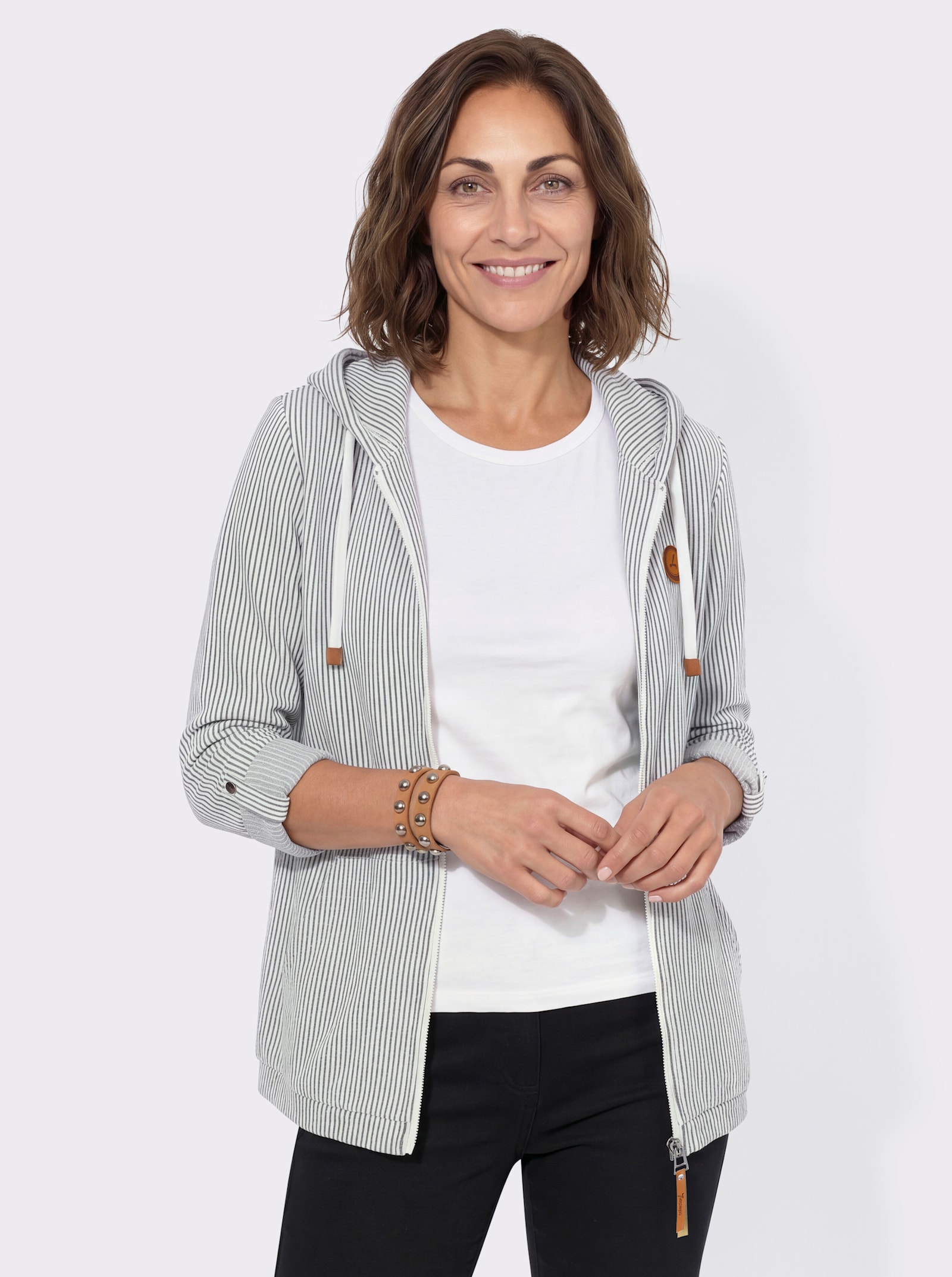 Sweatjacke mit Känguru-Tasche - dunkelblau-ecru-gestreift