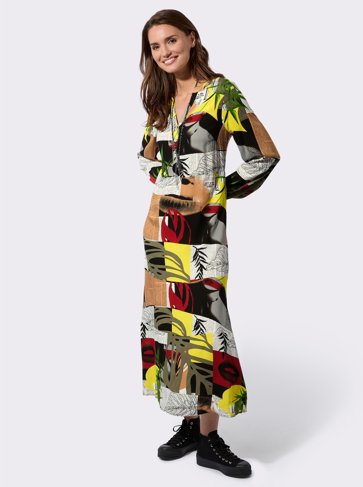 Druckkleid - schwarz-camel-bedruckt