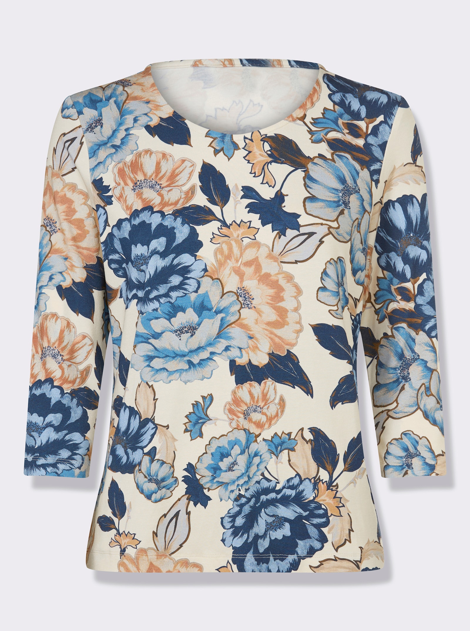 Rundhalsshirt mit Viskose - champagner-dunkelblau-bedruckt