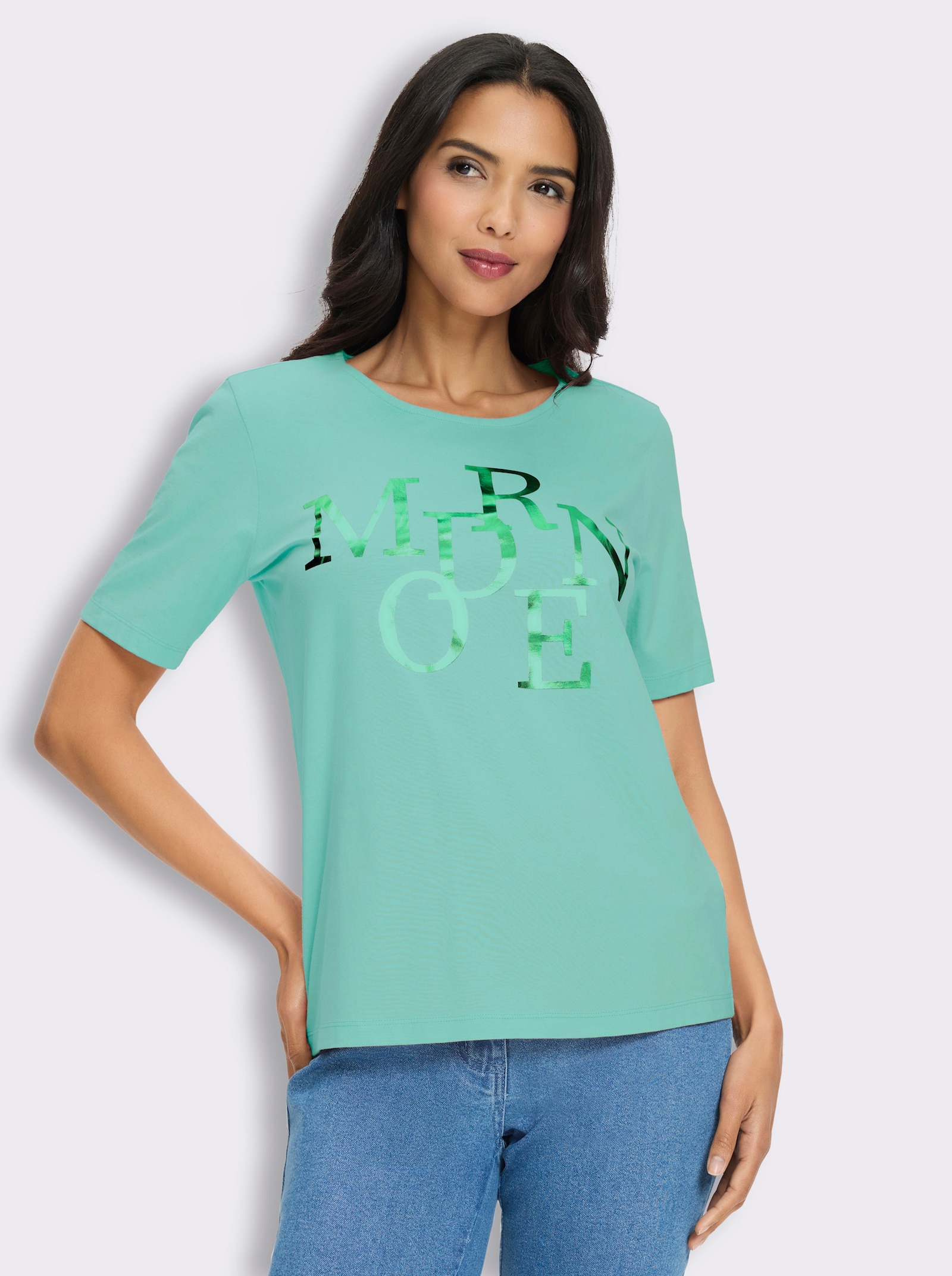 Kurzarmshirt mit Lettering-Folienprint - blaugrün
