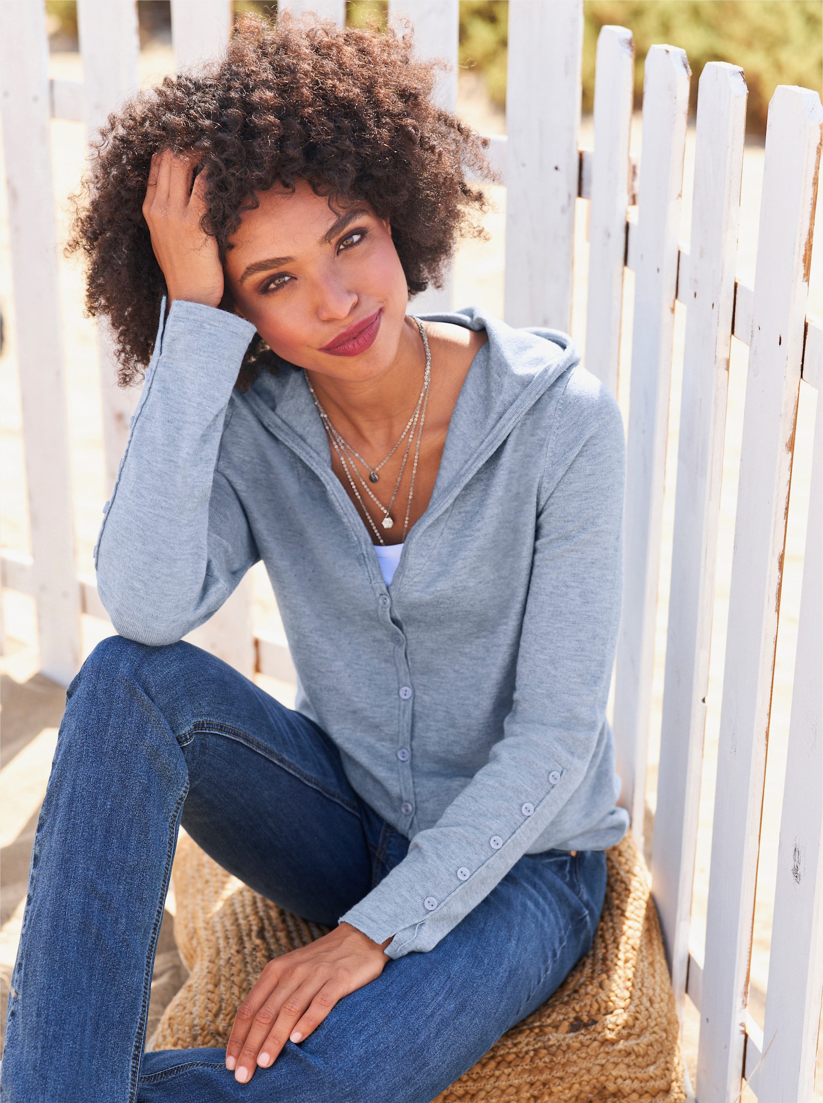 heine Kapuzenstrickjacke in Feinstrick-Qualität - bleu-meliert