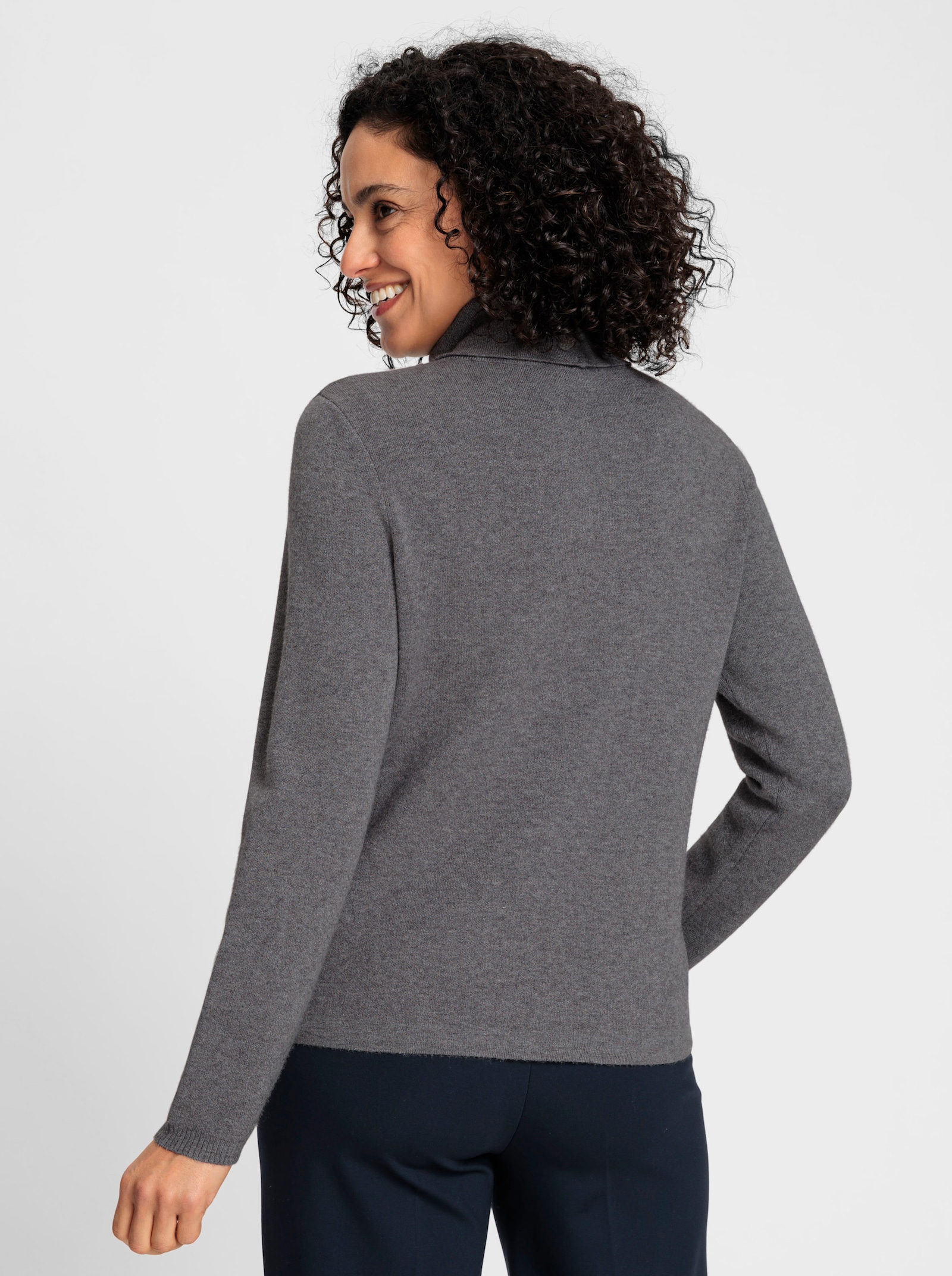 Langarm-Pullover mit halsfernem Rollkragen - anthrazit-meliert