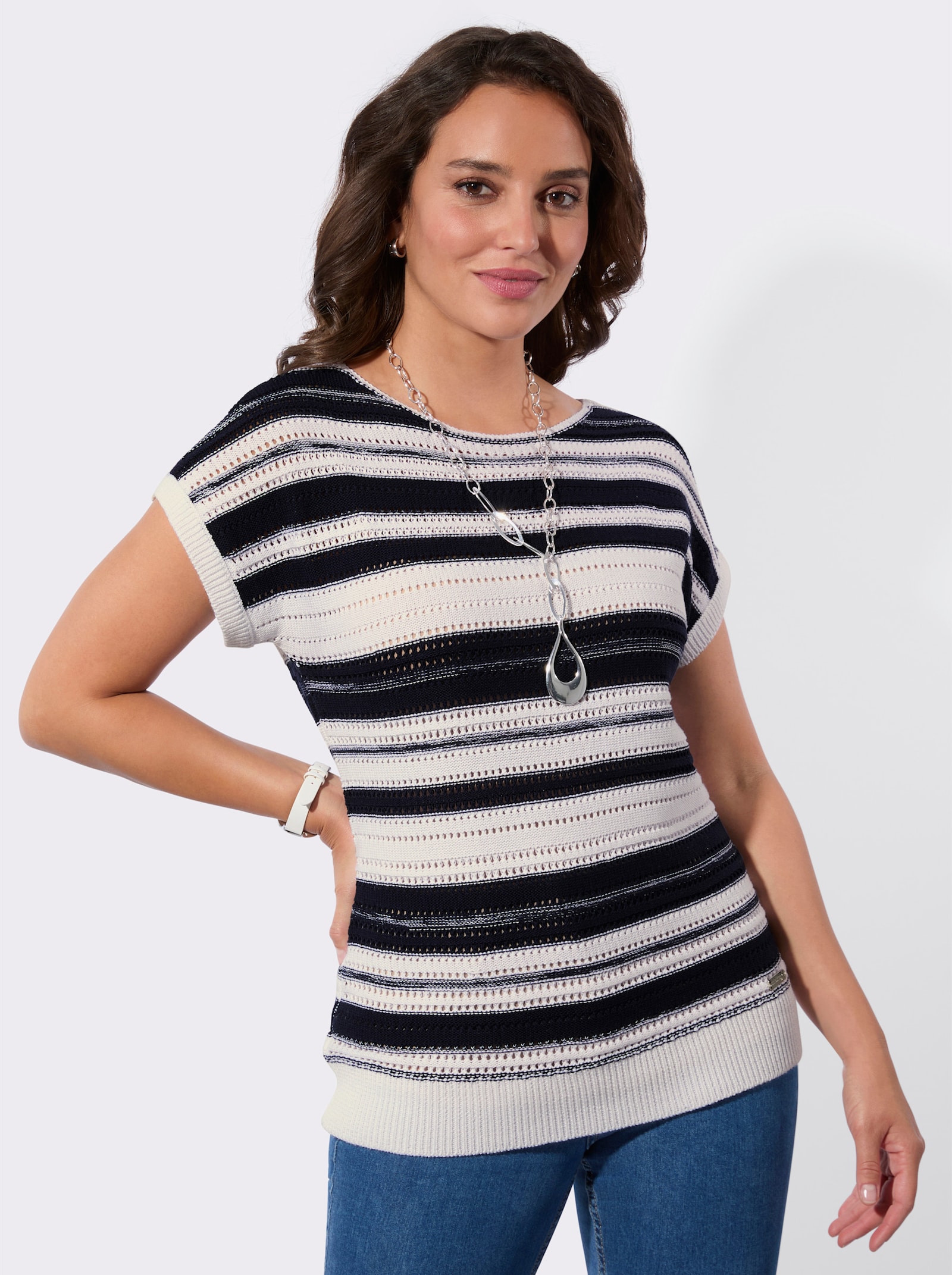 Ajourpullover mit meliertem Ringel-Muster - marine