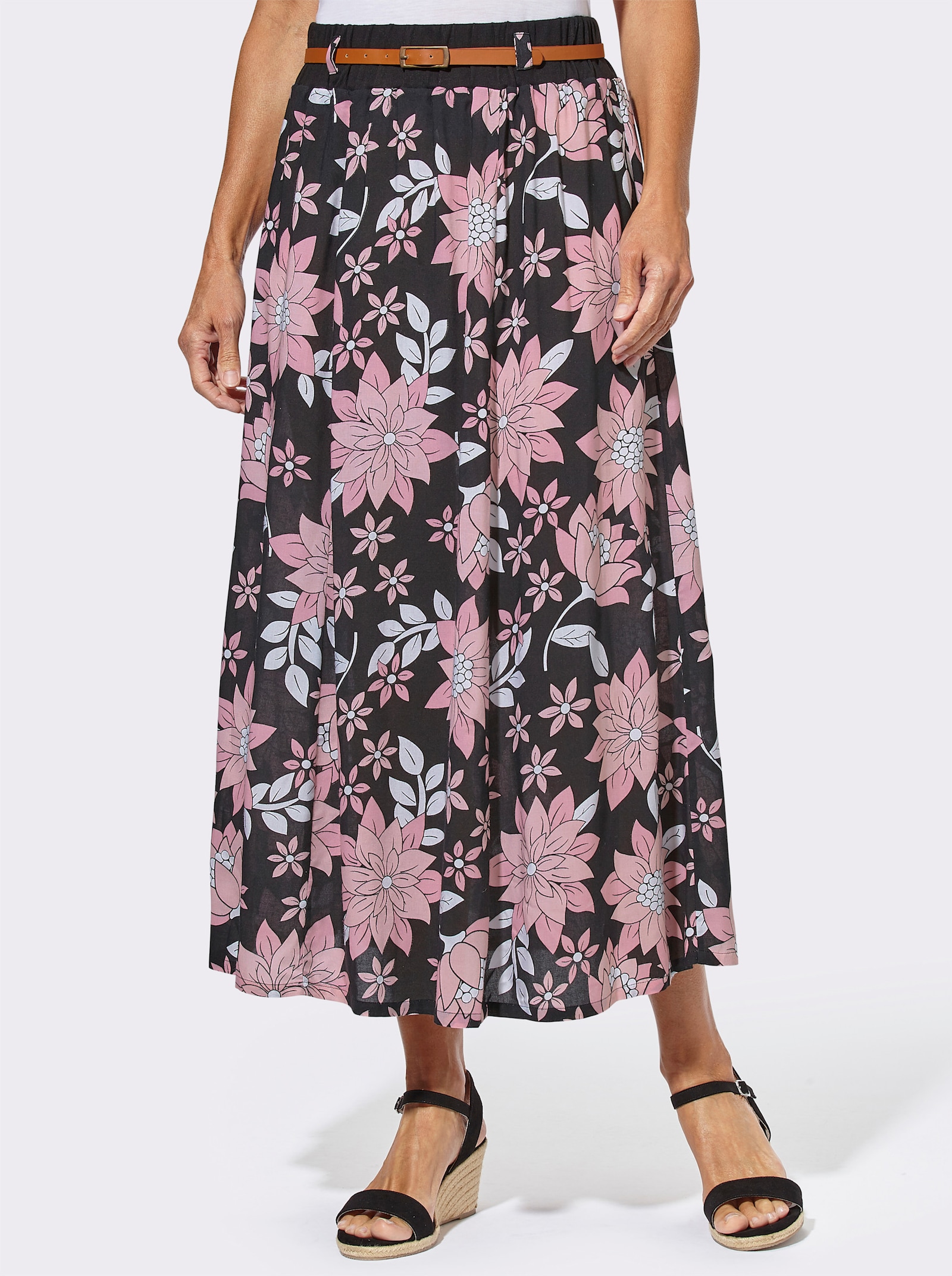 Bahnenrock inklusive Lederoptik-Gürtel - schwarz-gemustert