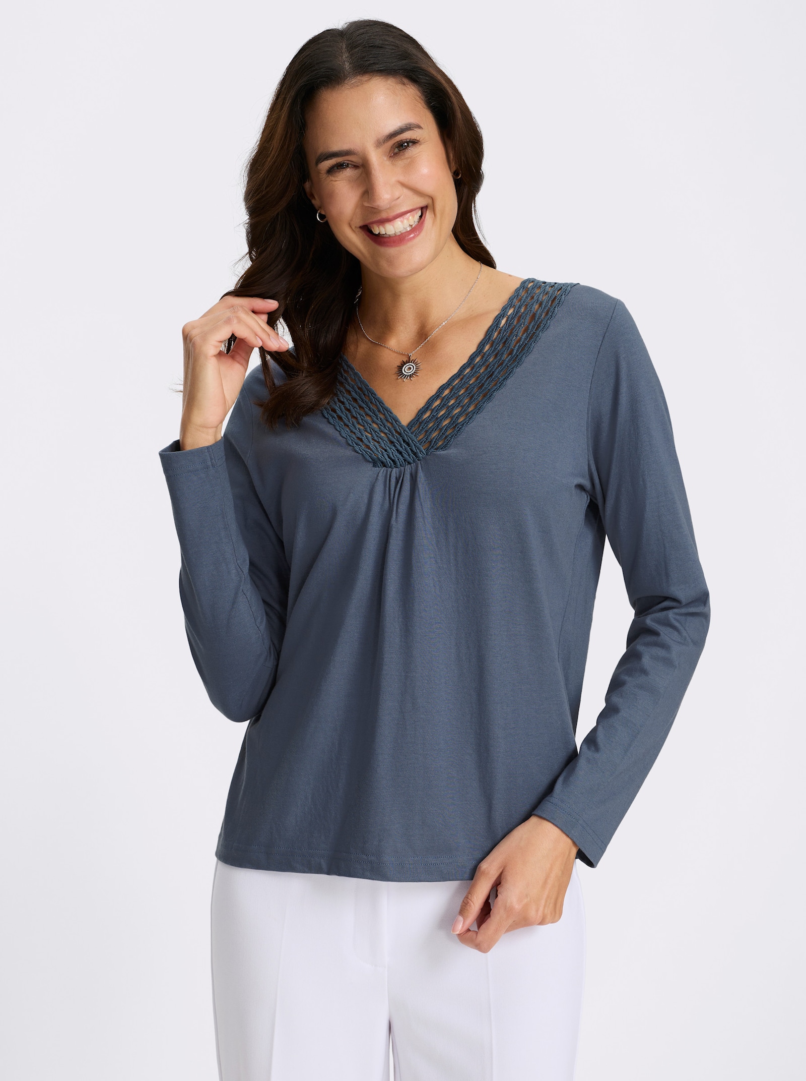 Langarmshirt mit Spitzenbesatz - rauchblau