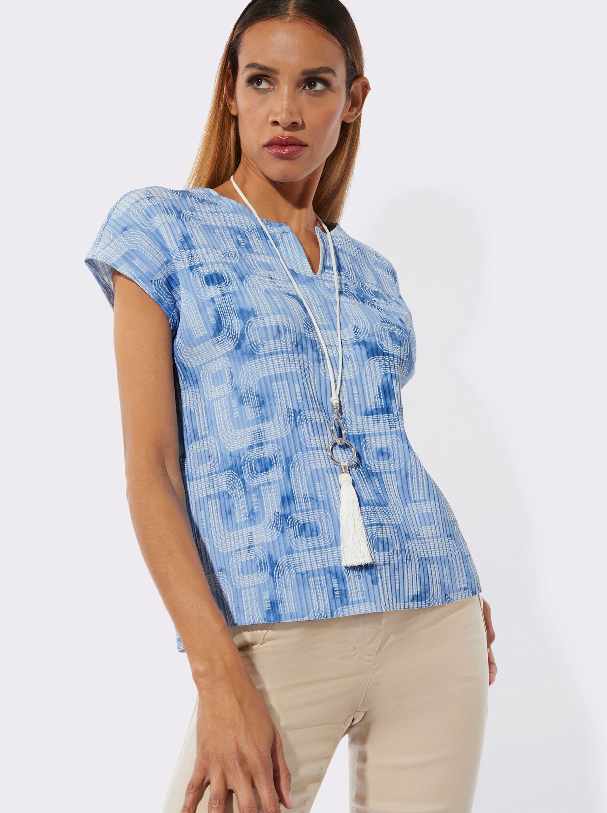 Plissee-Shirt - himmelblau-ecru-bedruckt