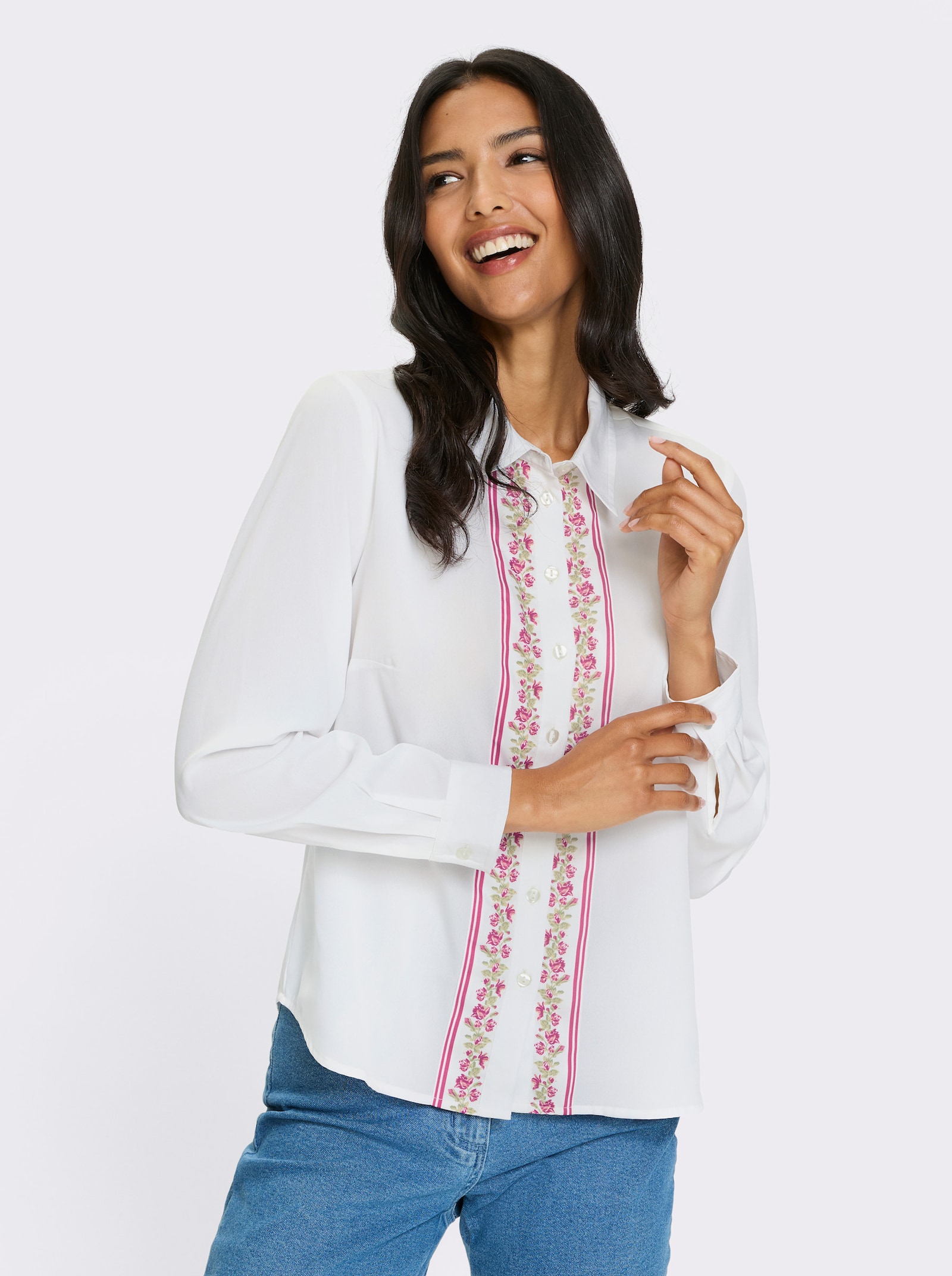 Klasická blúzka, kvetová bordúra - Svetlobéžová a ruženínová potlač