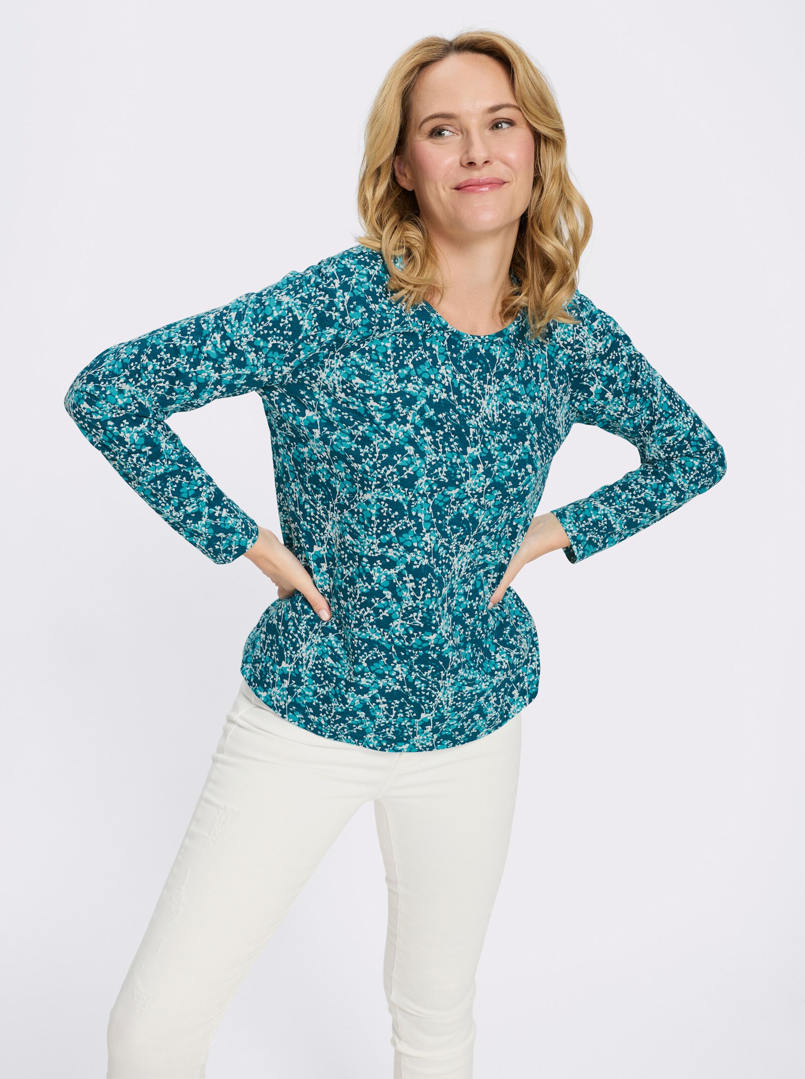 Langarmshirt mit Millefleur-Druck - petrol-ecru-bedruckt