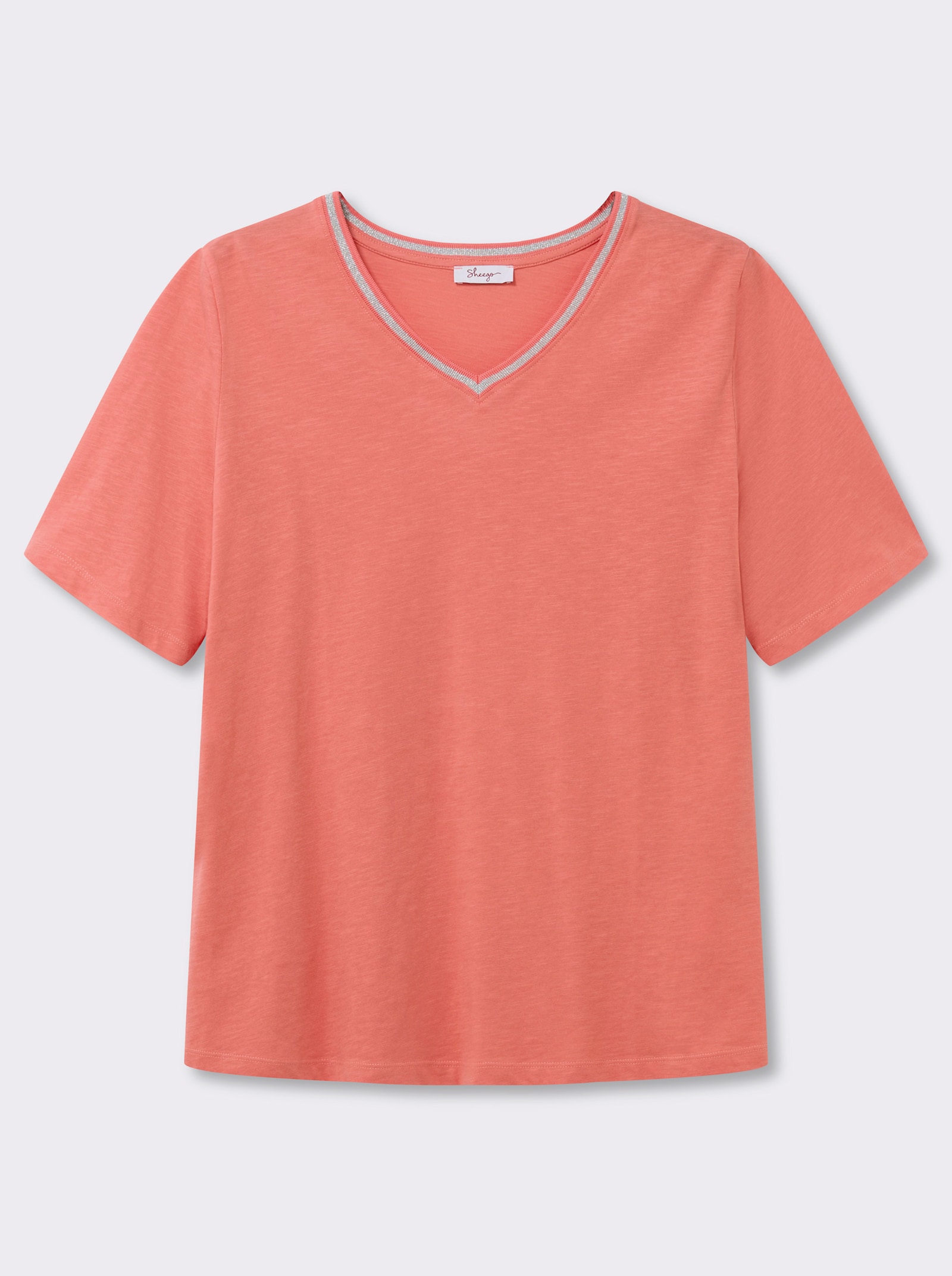 sheego V-Shirt mit Glitzergarn-Streifen - koralle