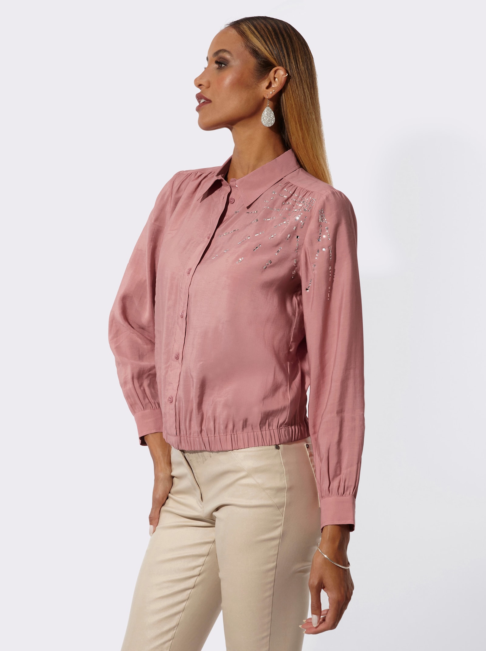 Hemdbluse mit Ziersteinchen - rosenholz