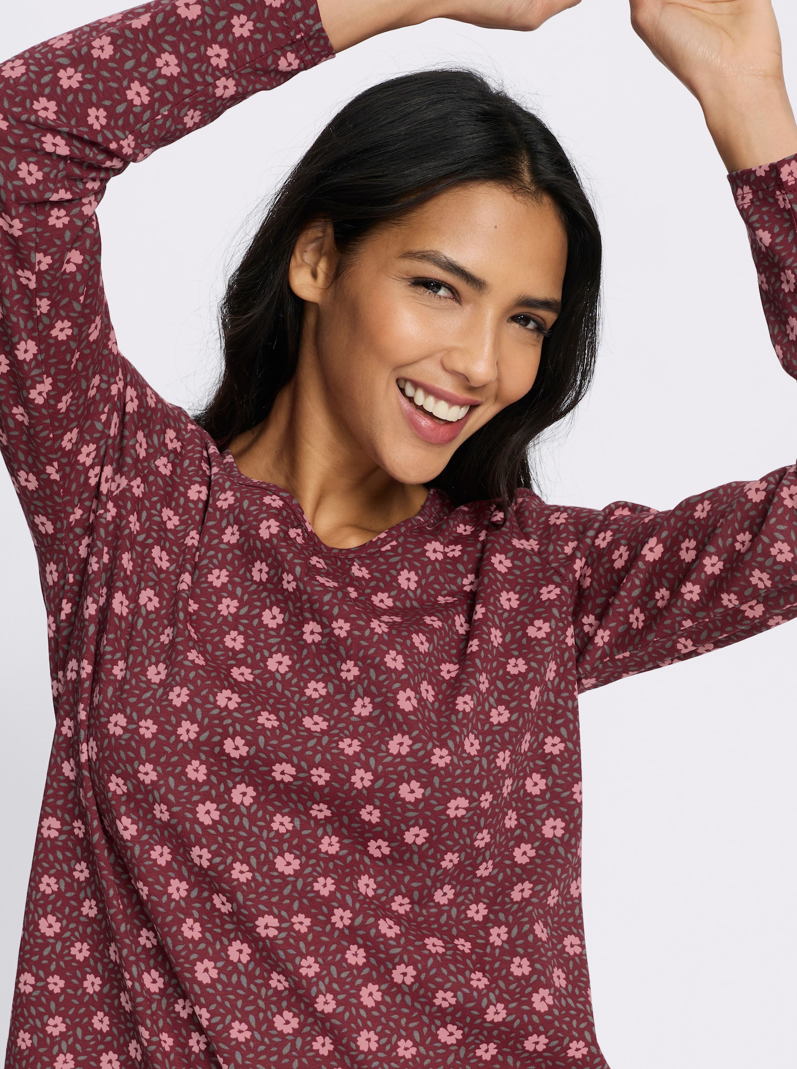 Longshirt in A-Linie - dunkelrot-rosenquarz-bedruckt