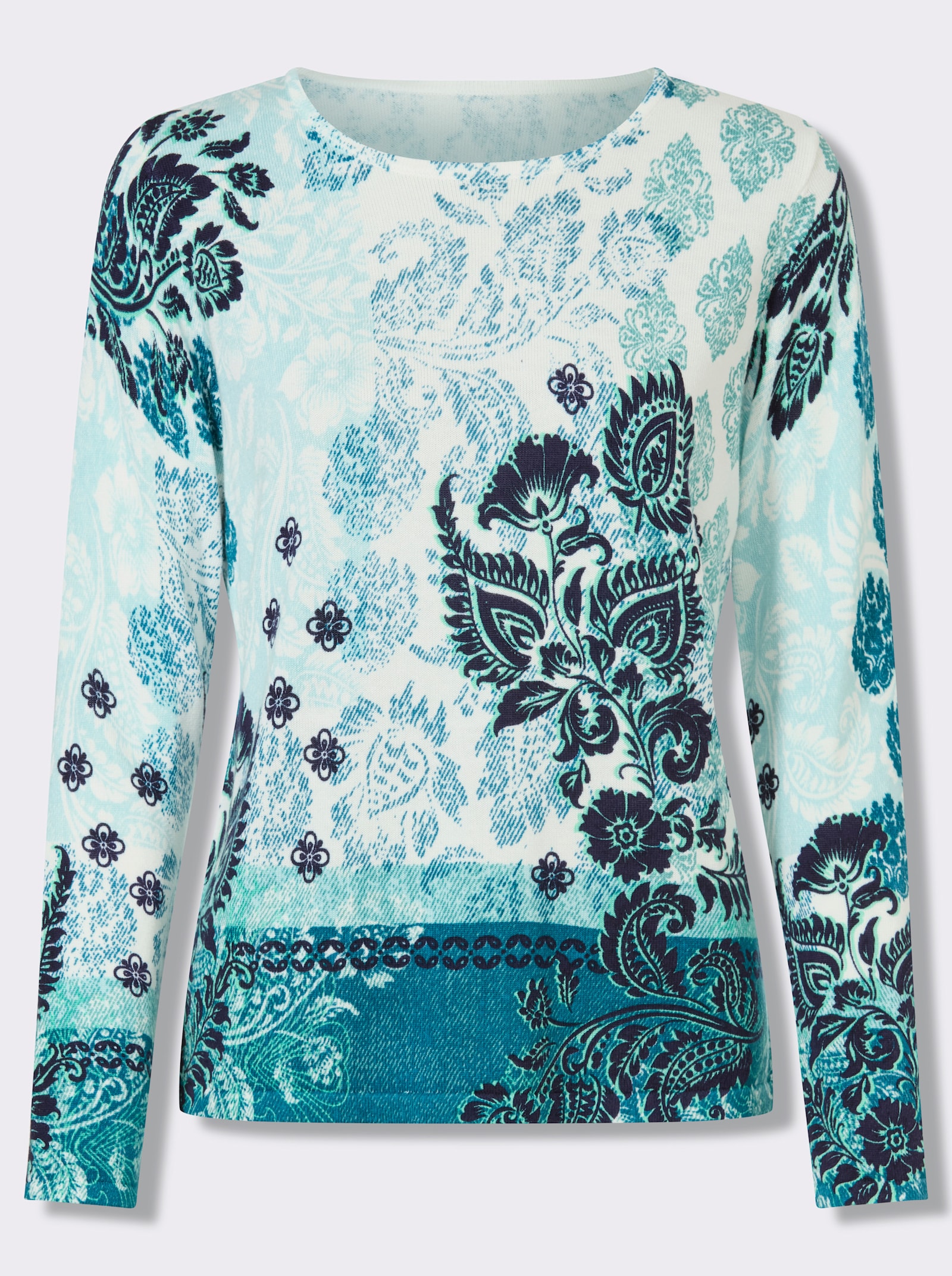 Feinstrickpullover mit platziertem Druck allover - ecru-ozean-bedruckt