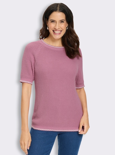 Kurzarmpullover mit Kontrast-Zierstichen - altrosa-ecru-gemustert