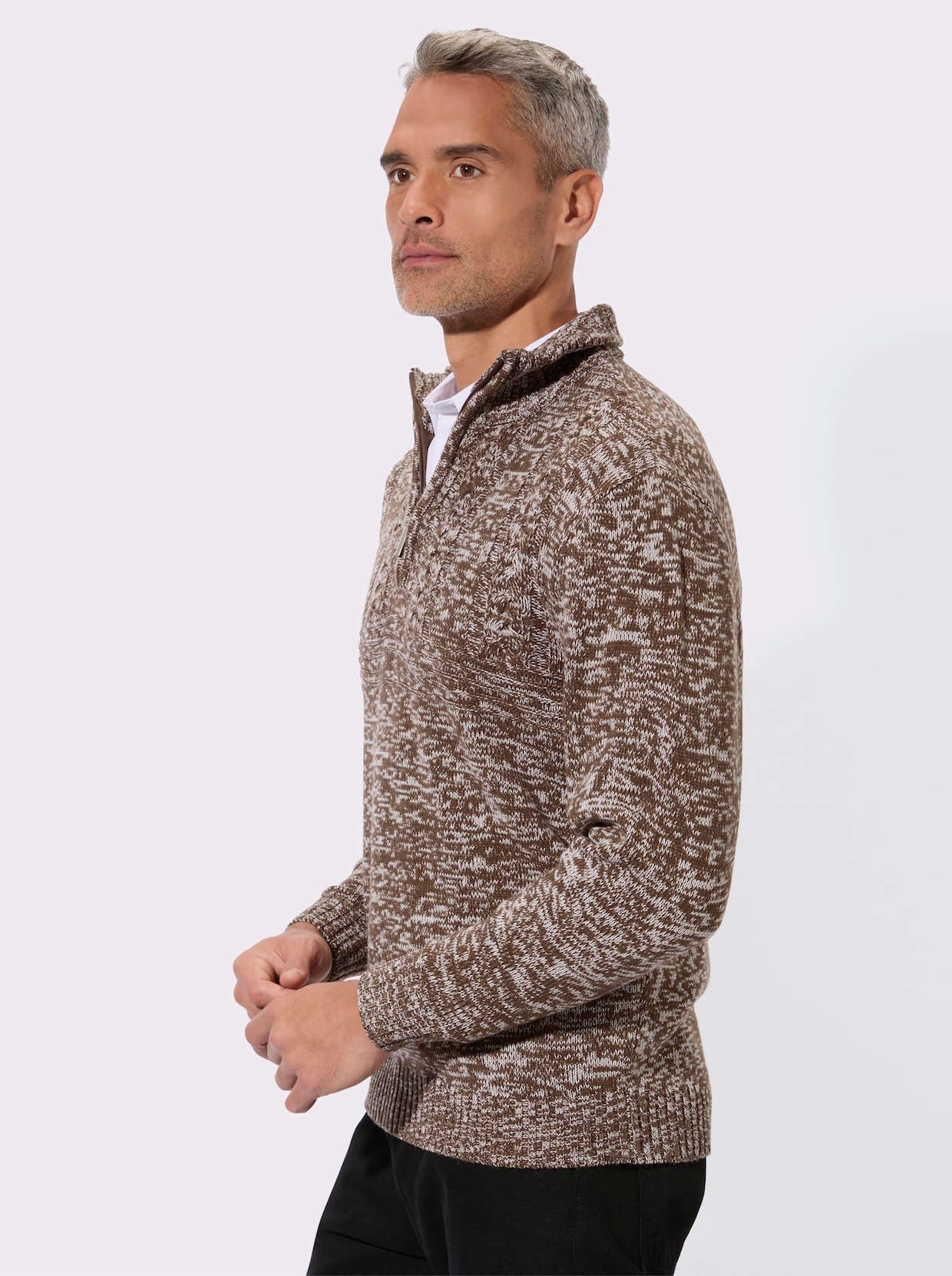 Langarm-Pullover mit platziertem Zopfmuster - schoko-meliert