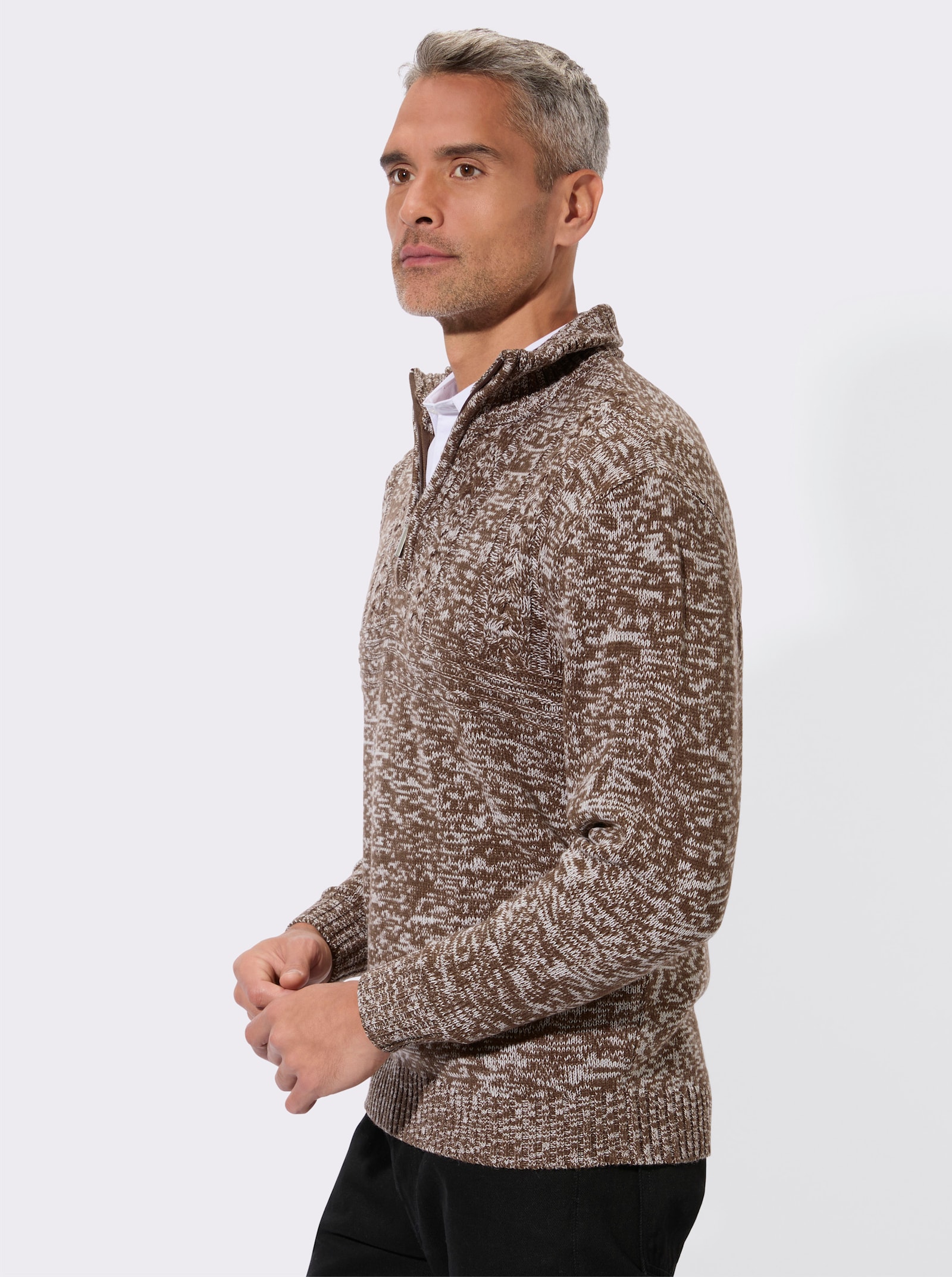 Langarm-Pullover mit platziertem Zopfmuster - schoko-meliert