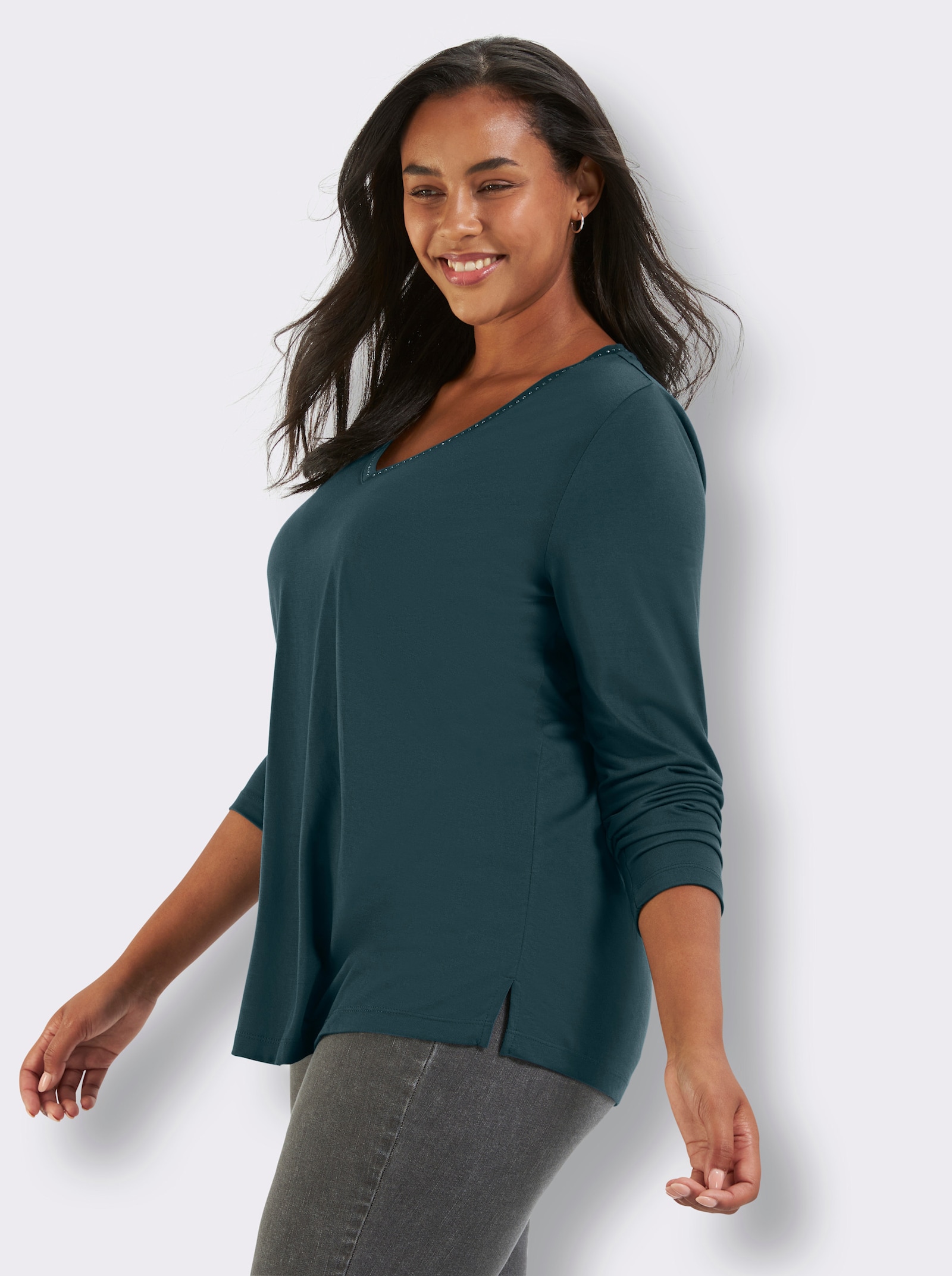 sheego V-Shirt mit Strasssteinen - petrol