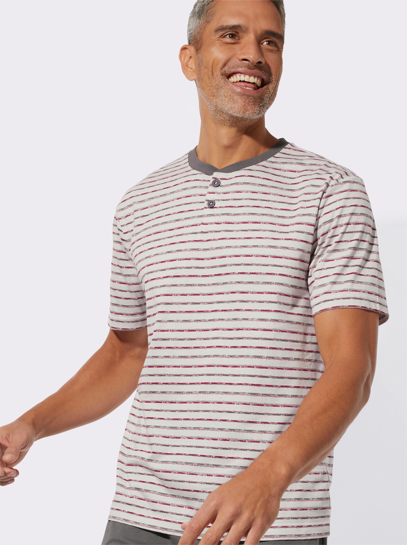 Shorty mit kurzer Knopfleiste - anthrazit-kirsche-geringelt