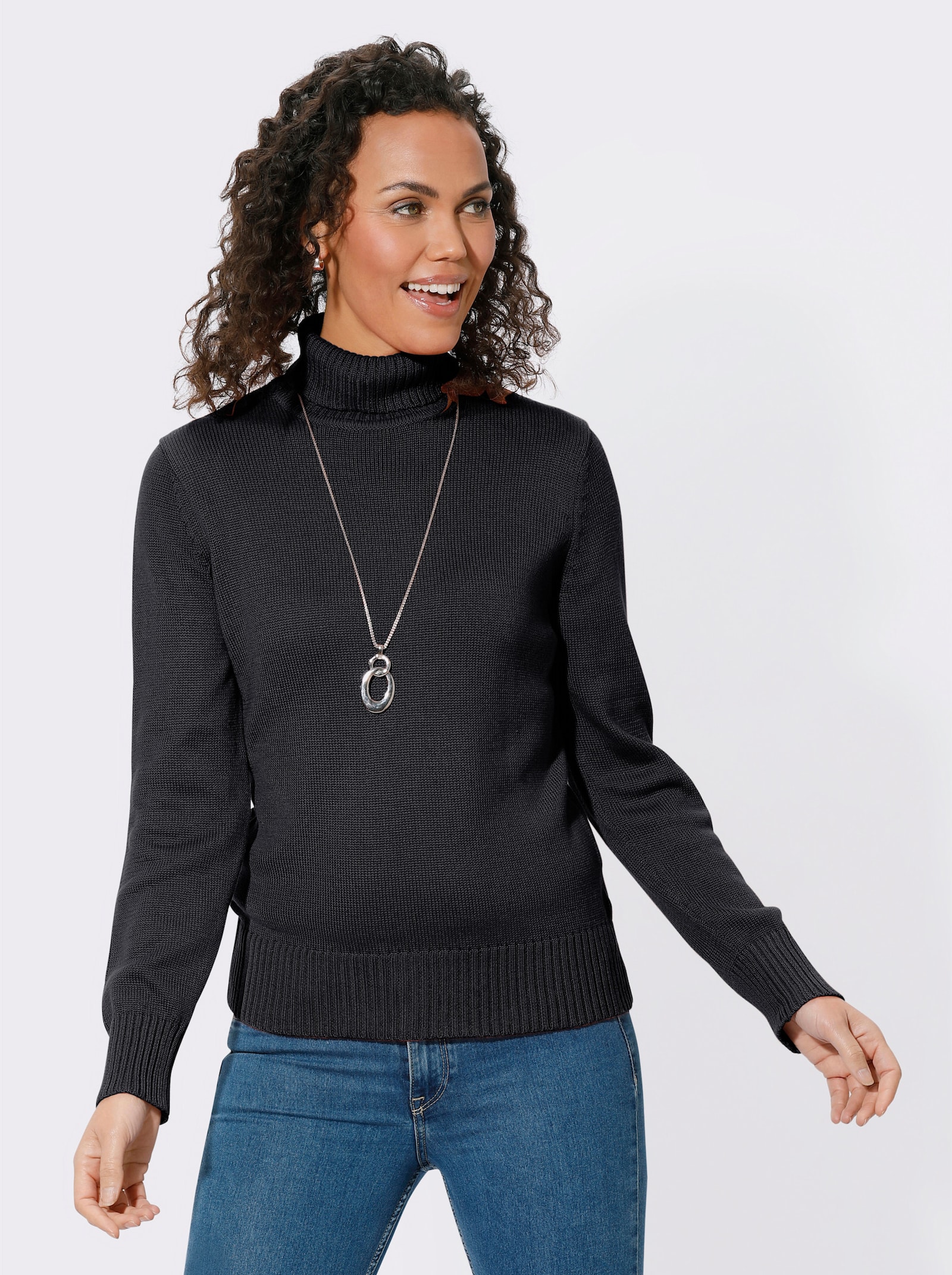 Rollkragenpullover im Baumwoll-Mix - schwarz