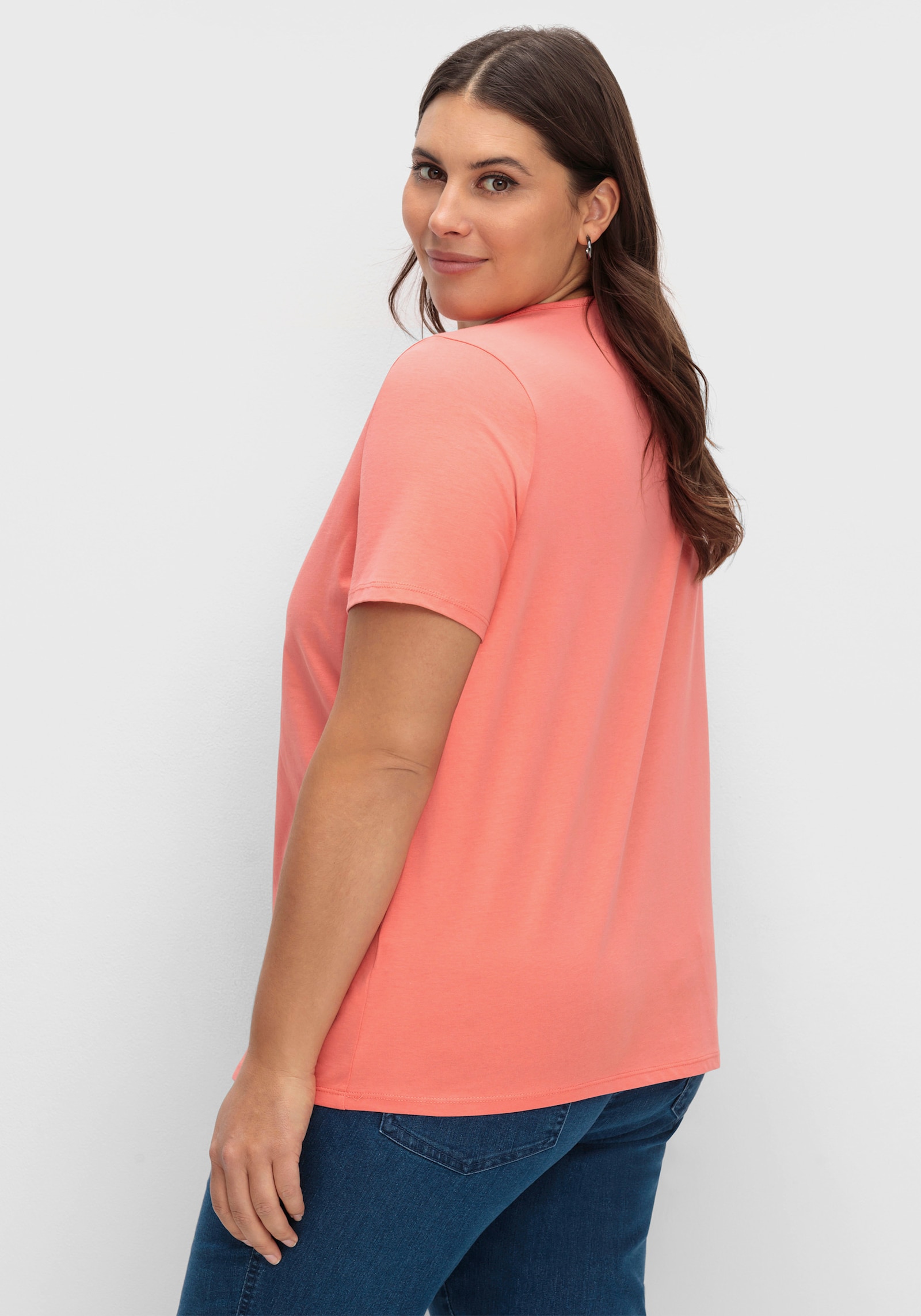 Kurzarmshirt mit Ziersteinchen - koralle