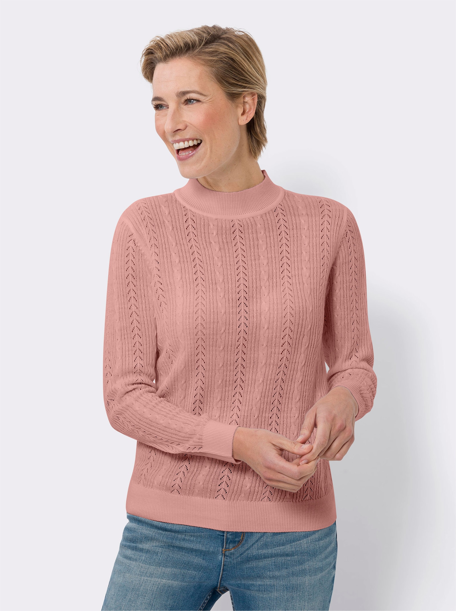 Stehkragenpullover mit Ajour-Muster - rosenquarz