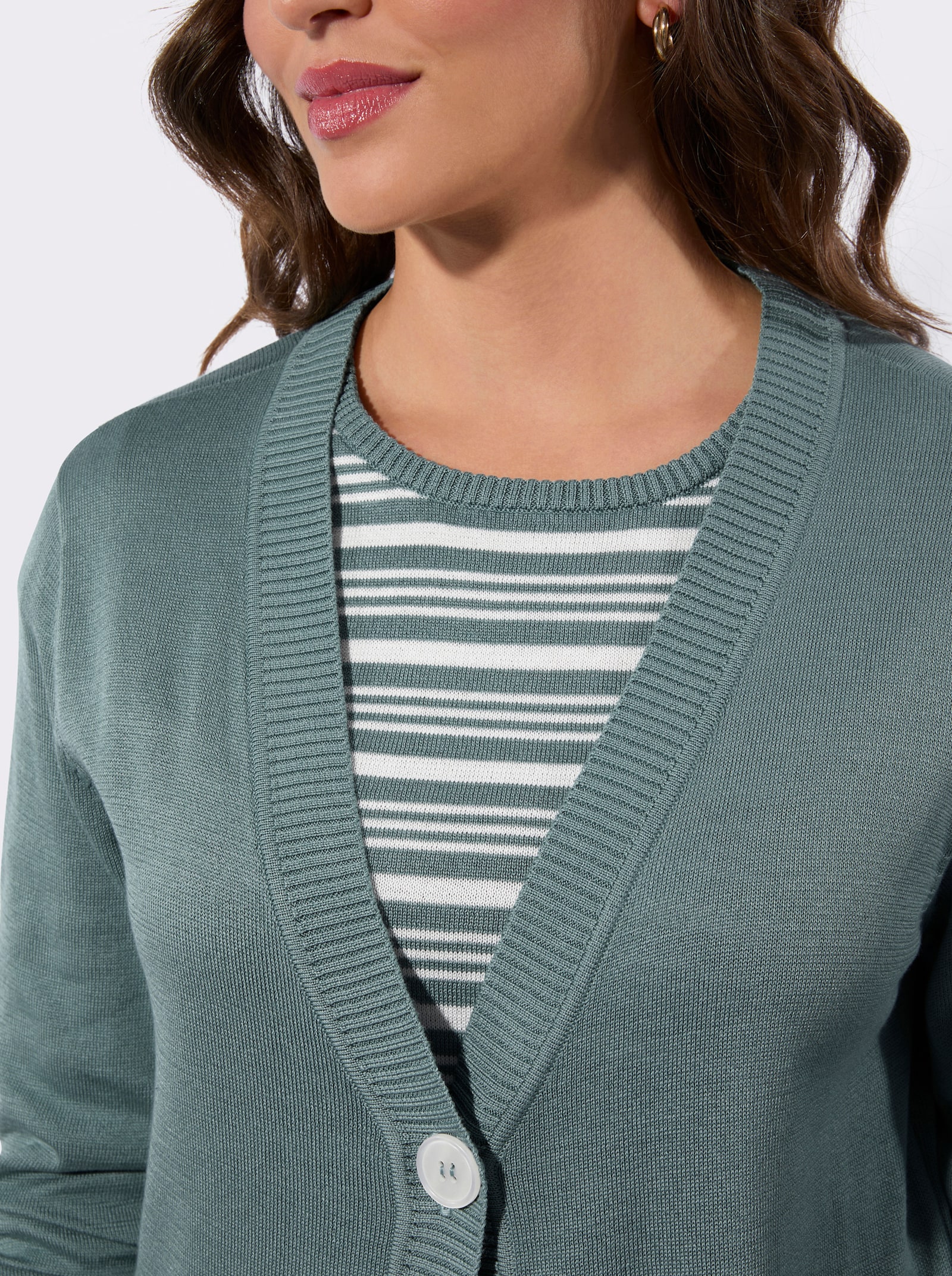 Twin-Set mit Schmuckknöpfen - jade-ecru-geringelt