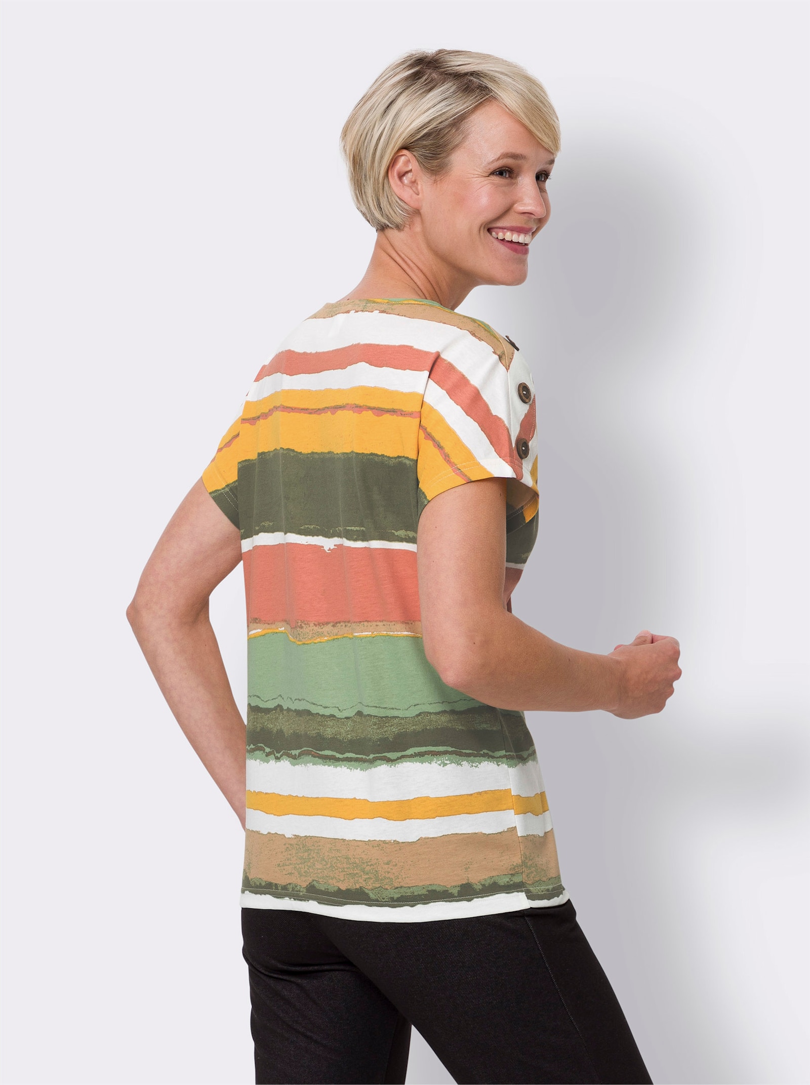 Shirt met ronde hals en sierknopen - kaki/ecru bedrukt