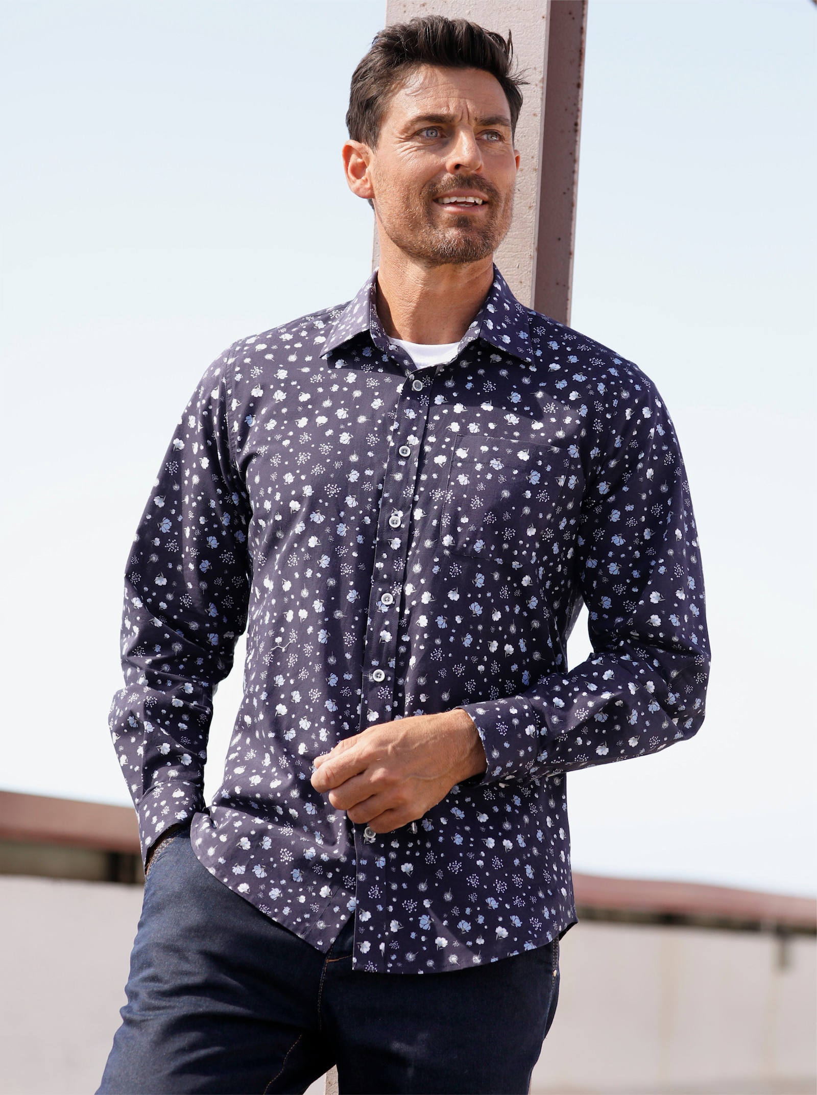 Marco Donati Langarmhemd mit floralem Print - marine-bedruckt