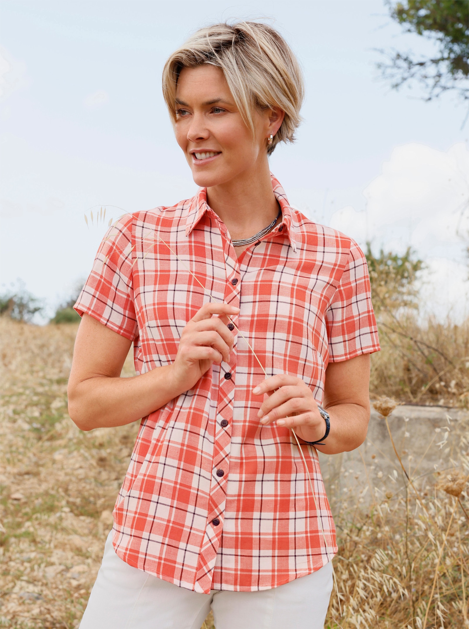 Karobluse mit Kellerfalte hinten - grapefruit-ecru-kariert