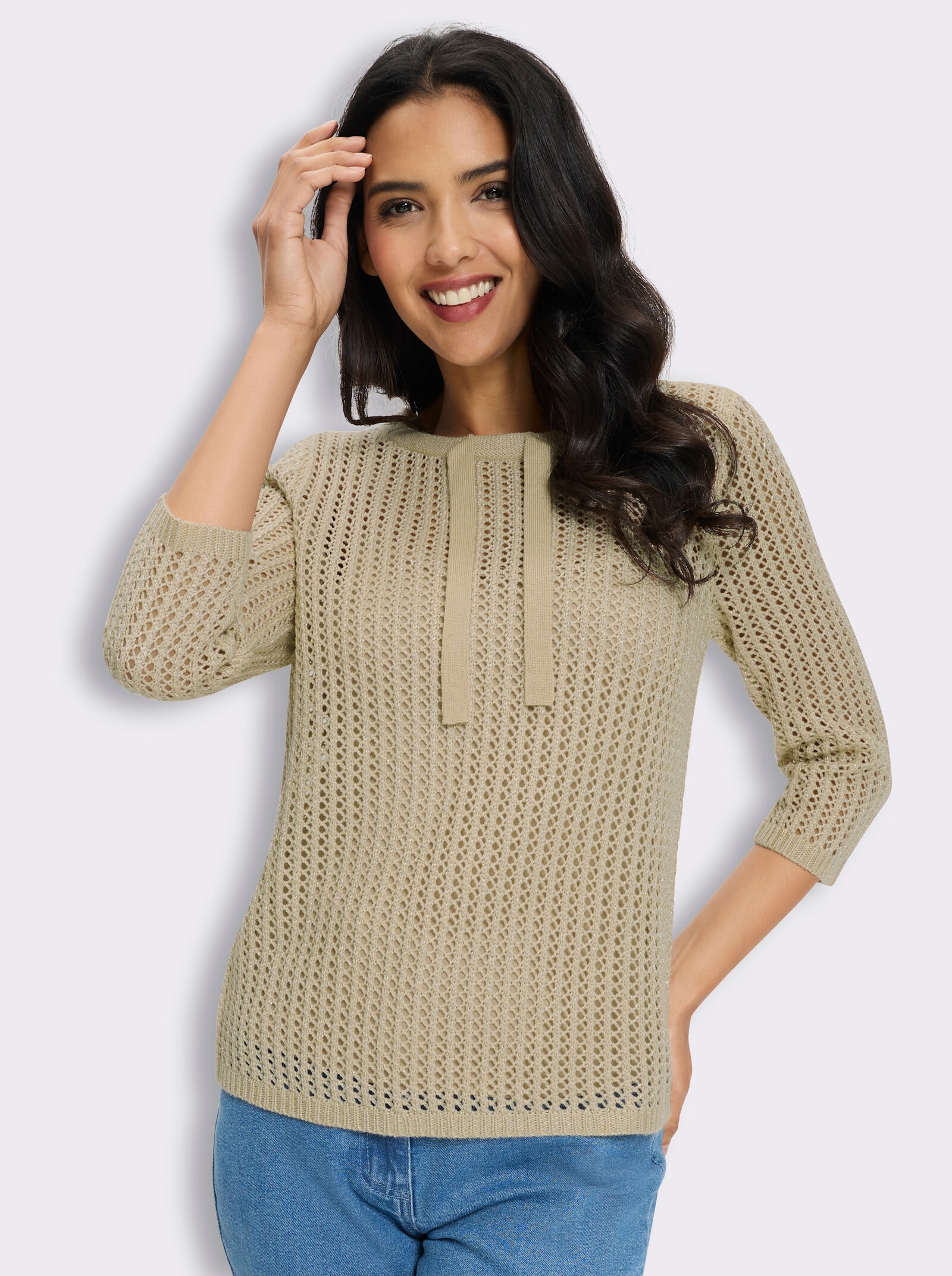 Ajourpullover mit Glanzgarn - sand