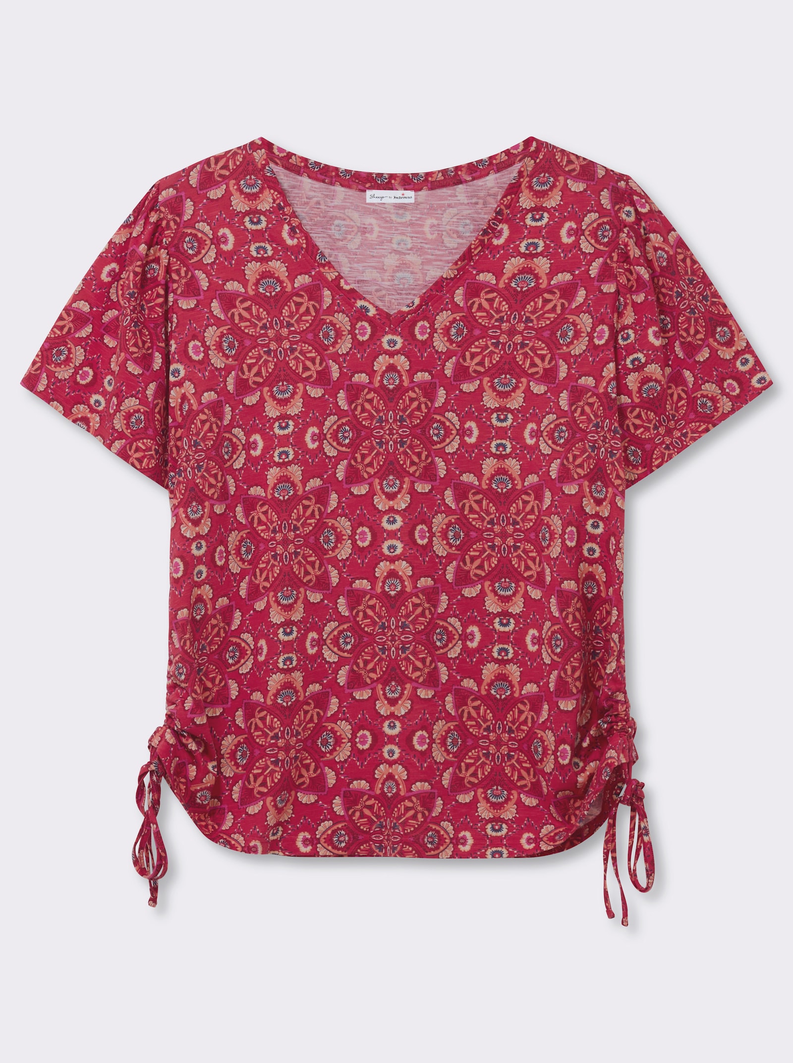 sheego by Joe Browns T-shirt met rimpeling opzij - rood/koraal gedessineerd