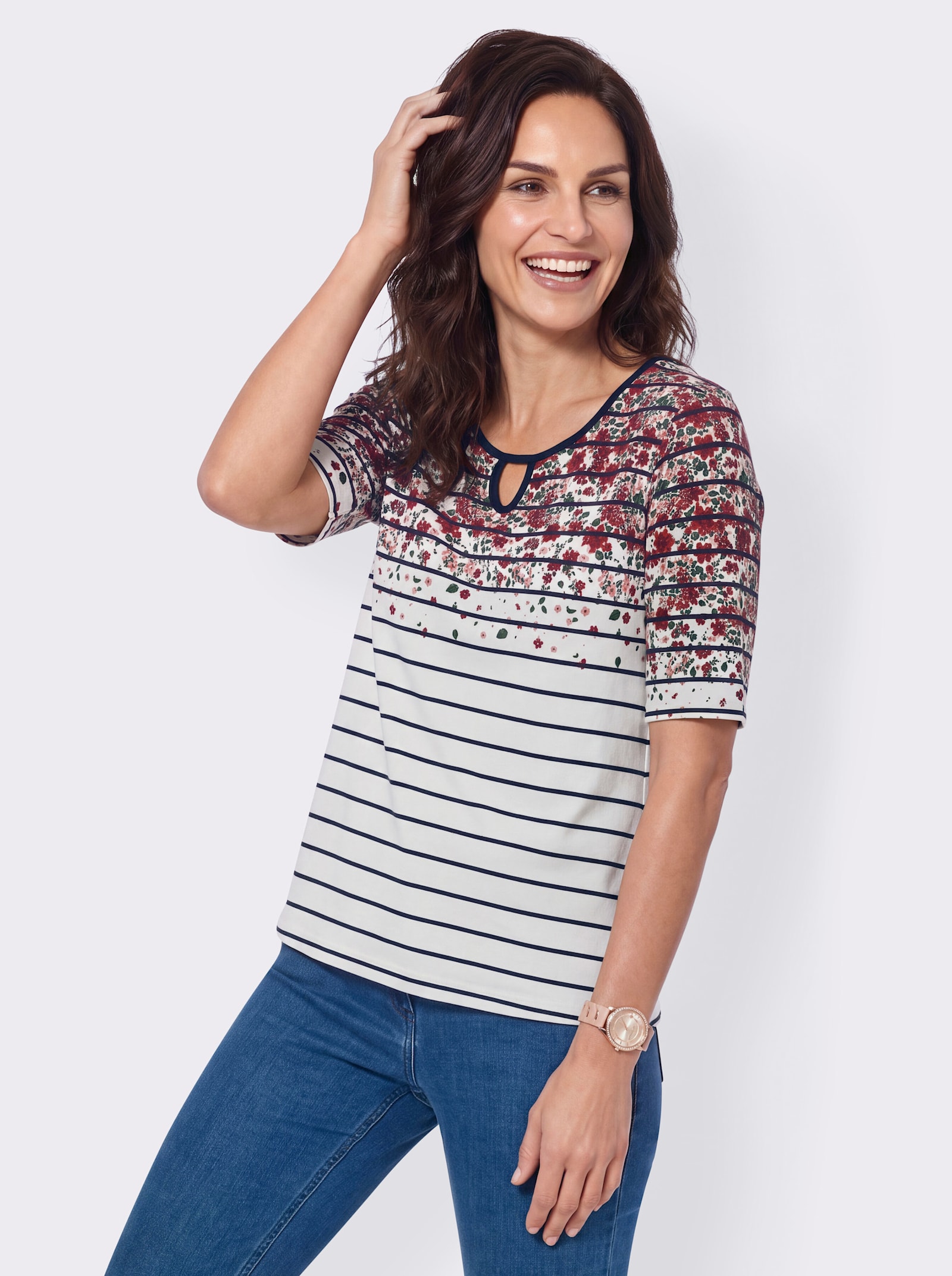 Kurzarmshirt mit Streifen- und Blütenmuster - marine-erdbeere-bedruckt