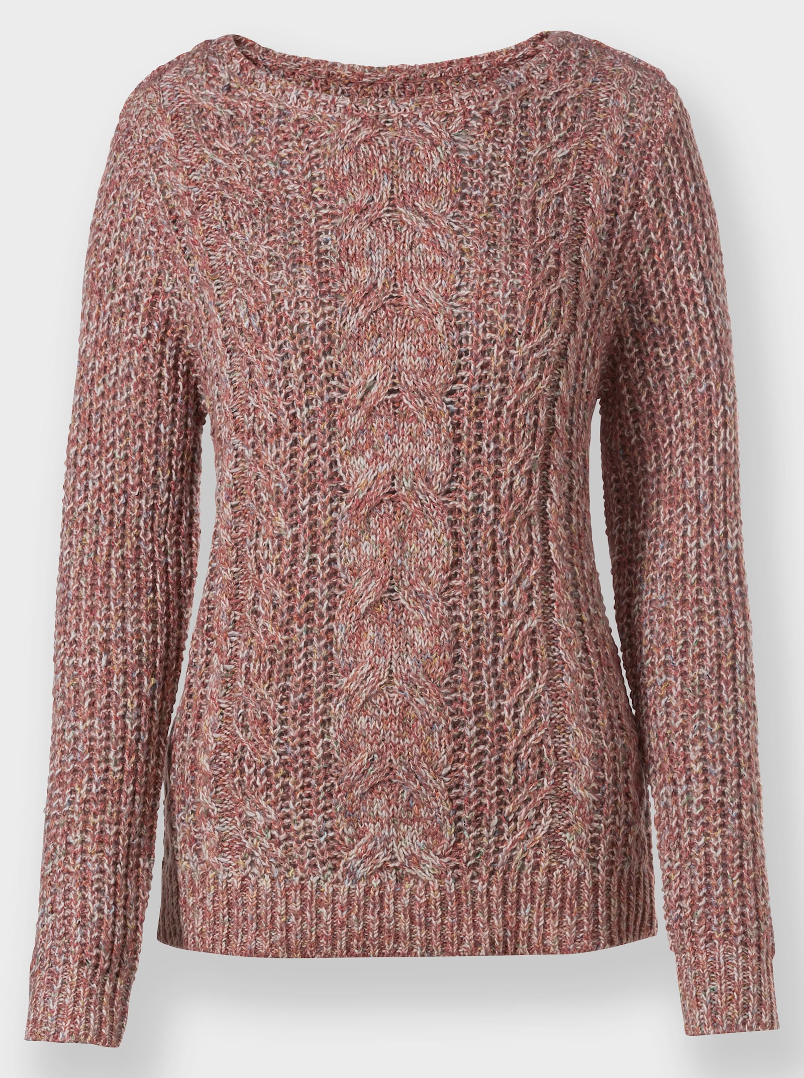 Langarm-Pullover mit Zopfmuster vorne - rosenholz-meliert