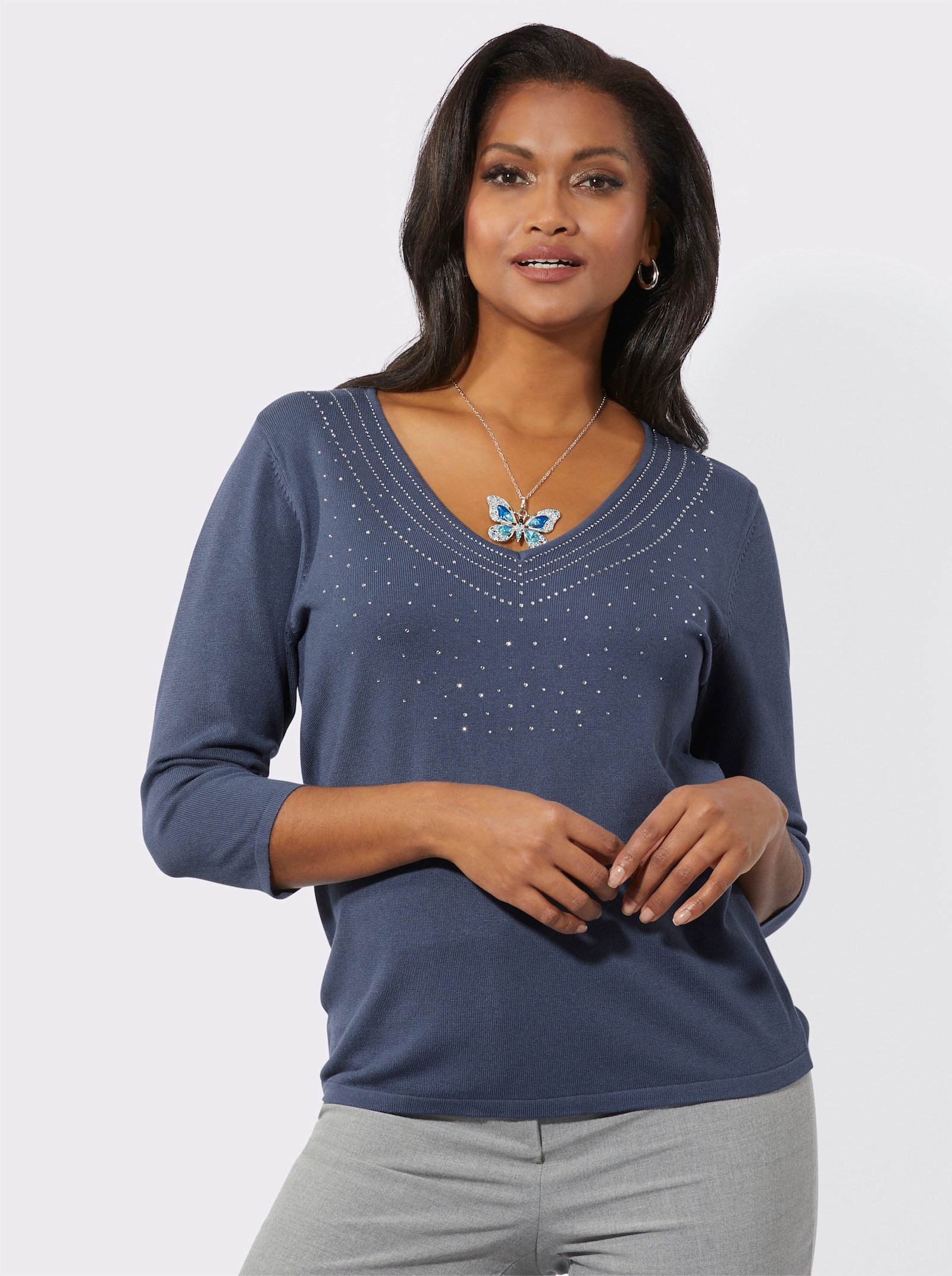 3/4 Arm-Pullover mit Glitzersteinchen - rauchblau