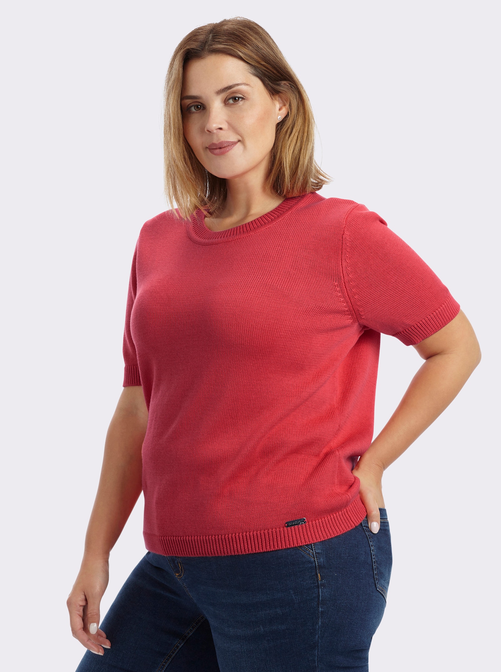 Kurzarmpullover mit Rippabschlüssen - korallenrot